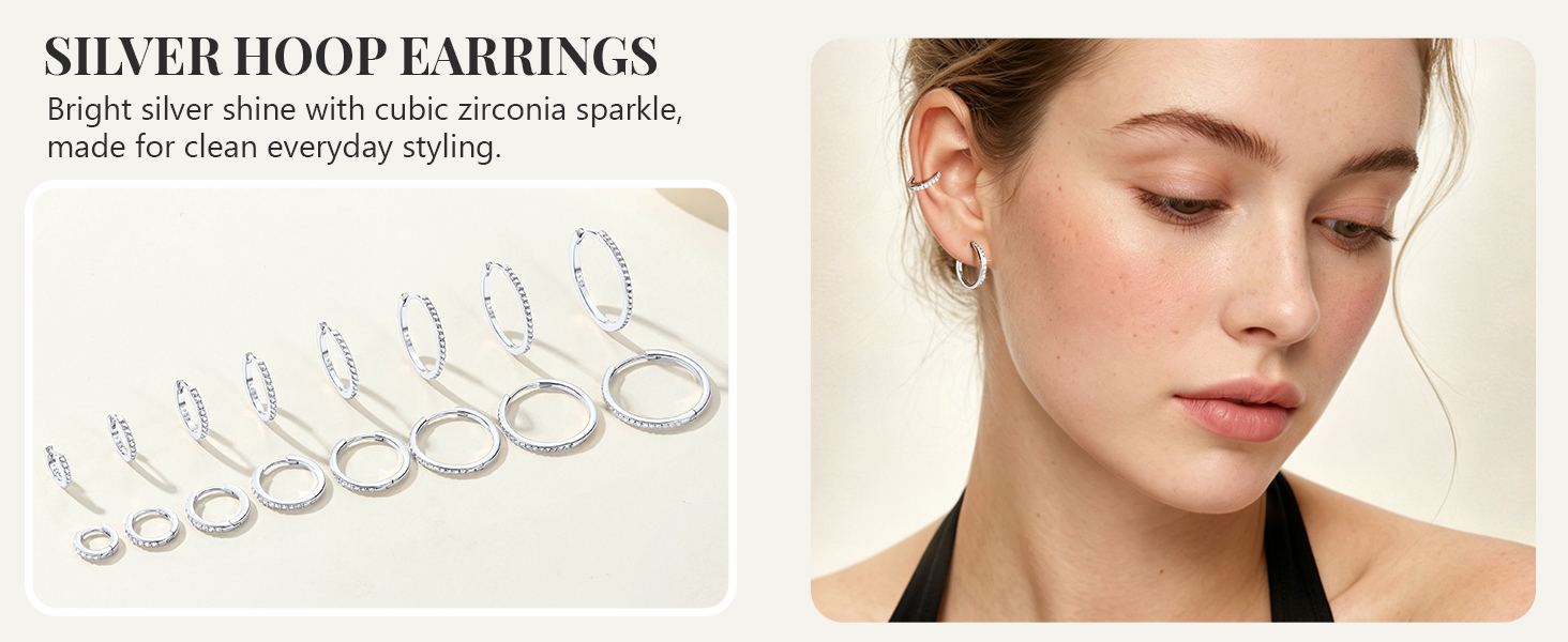 thumbnail video image 2 of Silvora Silver Huggie Hoop Earrings for Women 8MM Tiny Hypoallergenic Hoop Earrings with 925 Sterling Silver Post, Cubic Zirconia Shiny Cartilage Earrings Jewelry Gifts for Daughter Birthday, 2 of 9