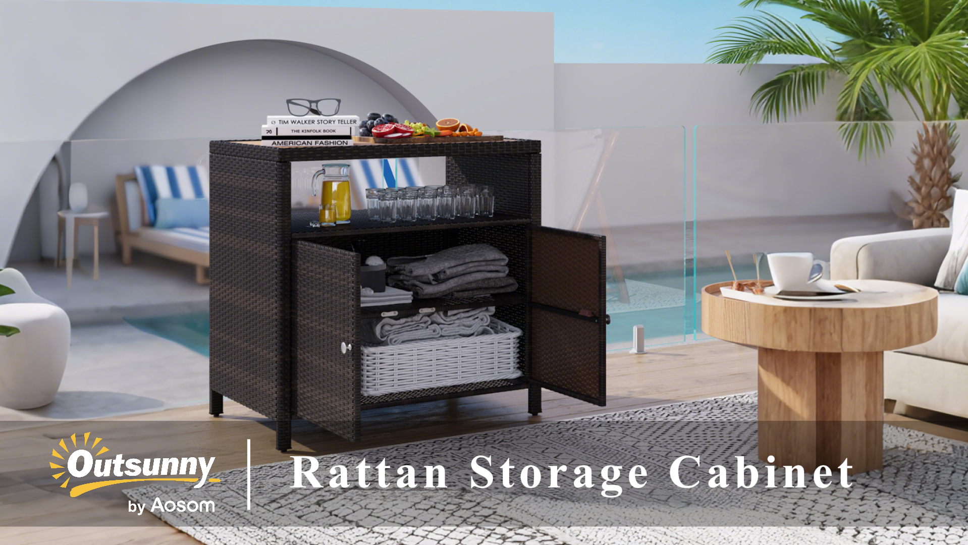 thumbnail video image 2 of Outsunny Rattan Outdoor Storage Cabinet, Wicker Bar Table with Acacia Wood Countertop, Two Doors, Shelf, for Garden, Patio, Backyard, Brown, 2 of 10