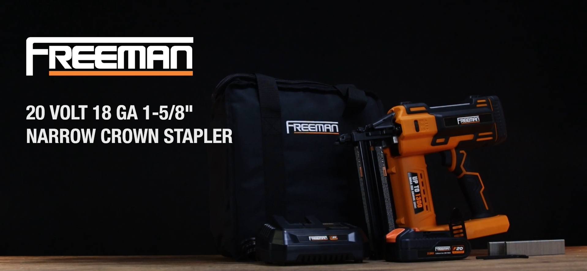 thumbnail video image 2 of Freeman PE20V9040 20 Volt Cordless 18-Gauge 1-5/8" Narrow Crown Stapler Kit with Lithium Ion Battery, Charger, Bag, and Staples (200 Count) – 1300 Shots per Charge, 2 of 9