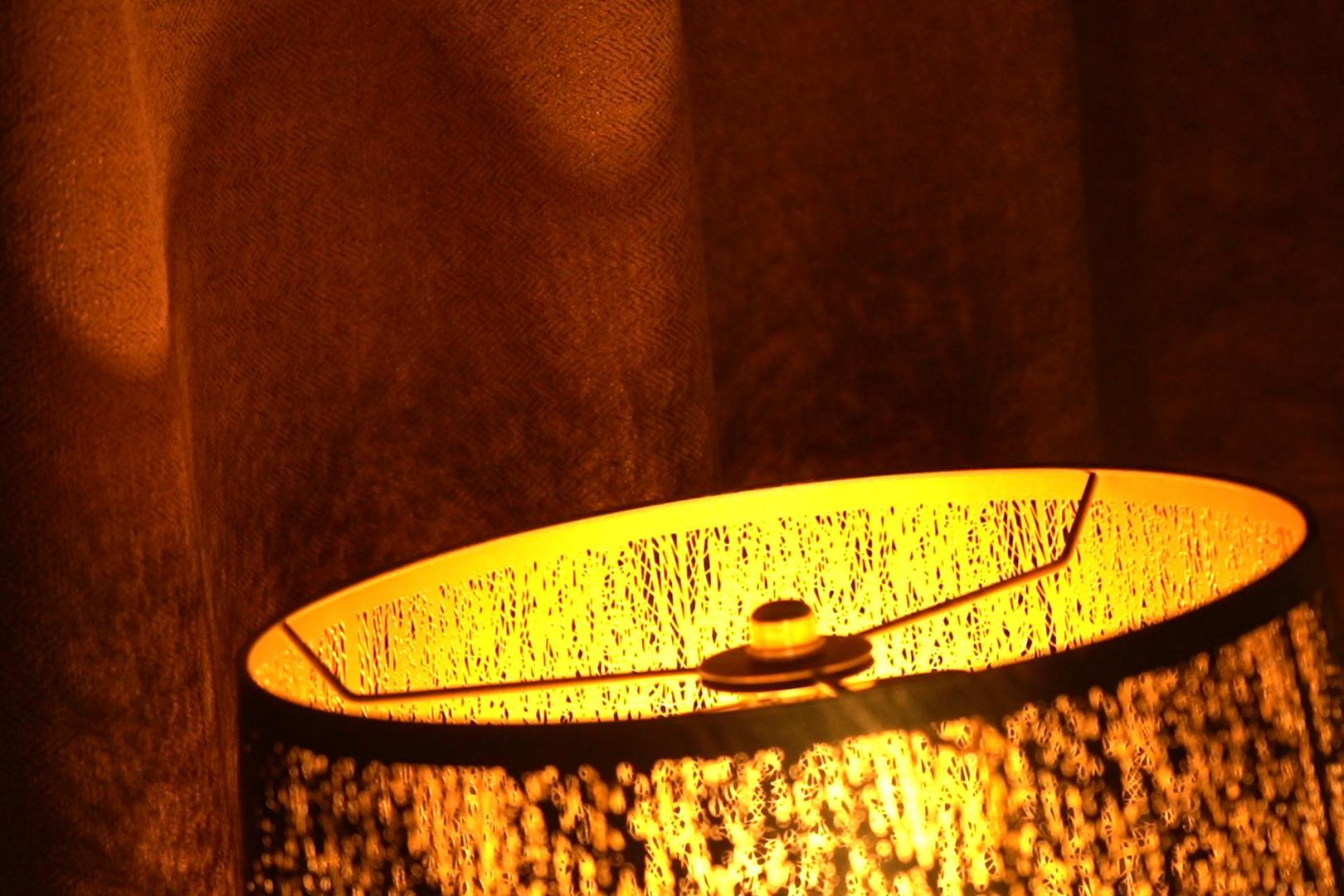 thumbnail video image 2 of Etched Forest  Medium Metal Lampshade, AEELLEEA Drum Lamp Shade for Table Lamp And  Floor Lamp Shade, Pattern of Trees Lamp Cover (Bronze Gold) ,Light Decoration Spider 10" Top x 12" Bottom x 8" High, 2 of 9