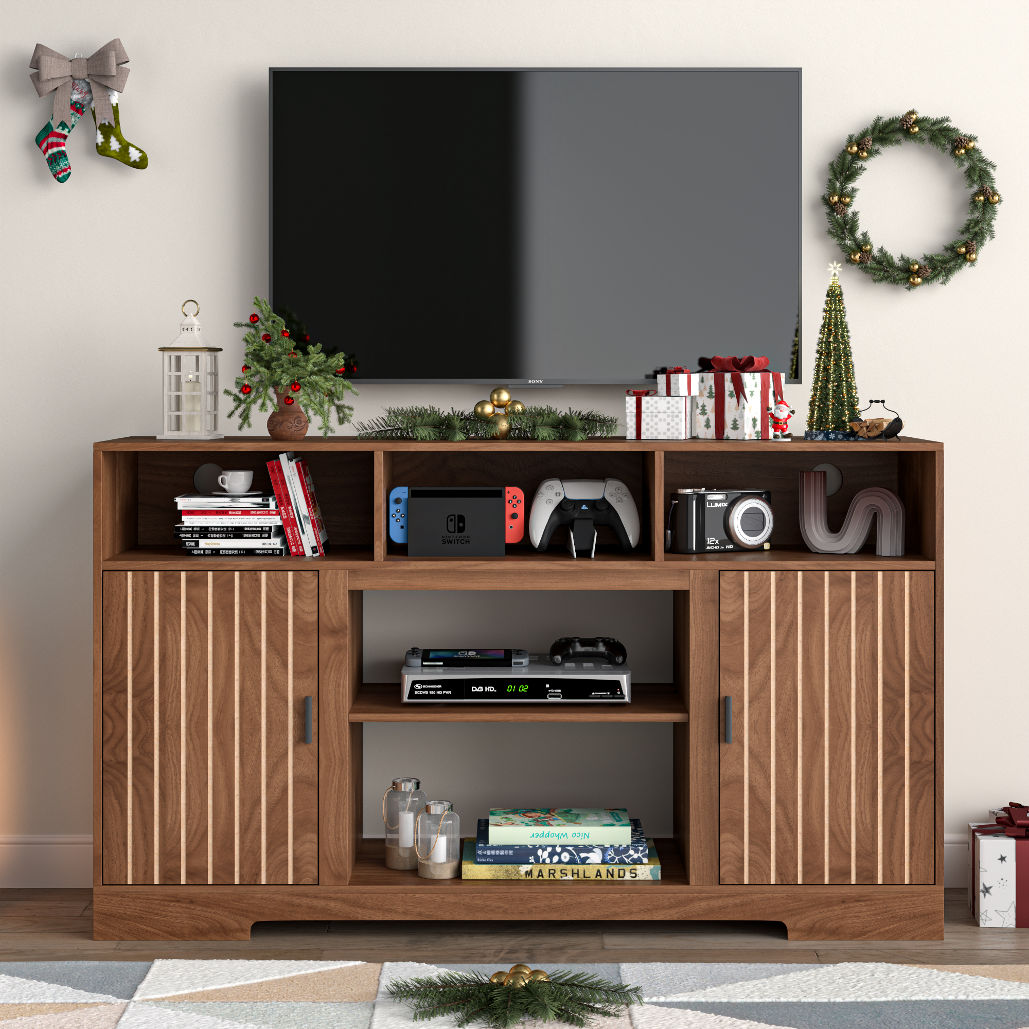 thumbnail video image 2 of Lisicues Fluted TV Stand for 65 Inch TVs, Media Console Cabinet with Storage & Adjustable Shelf for Living Room Bedroom, 2 of 9