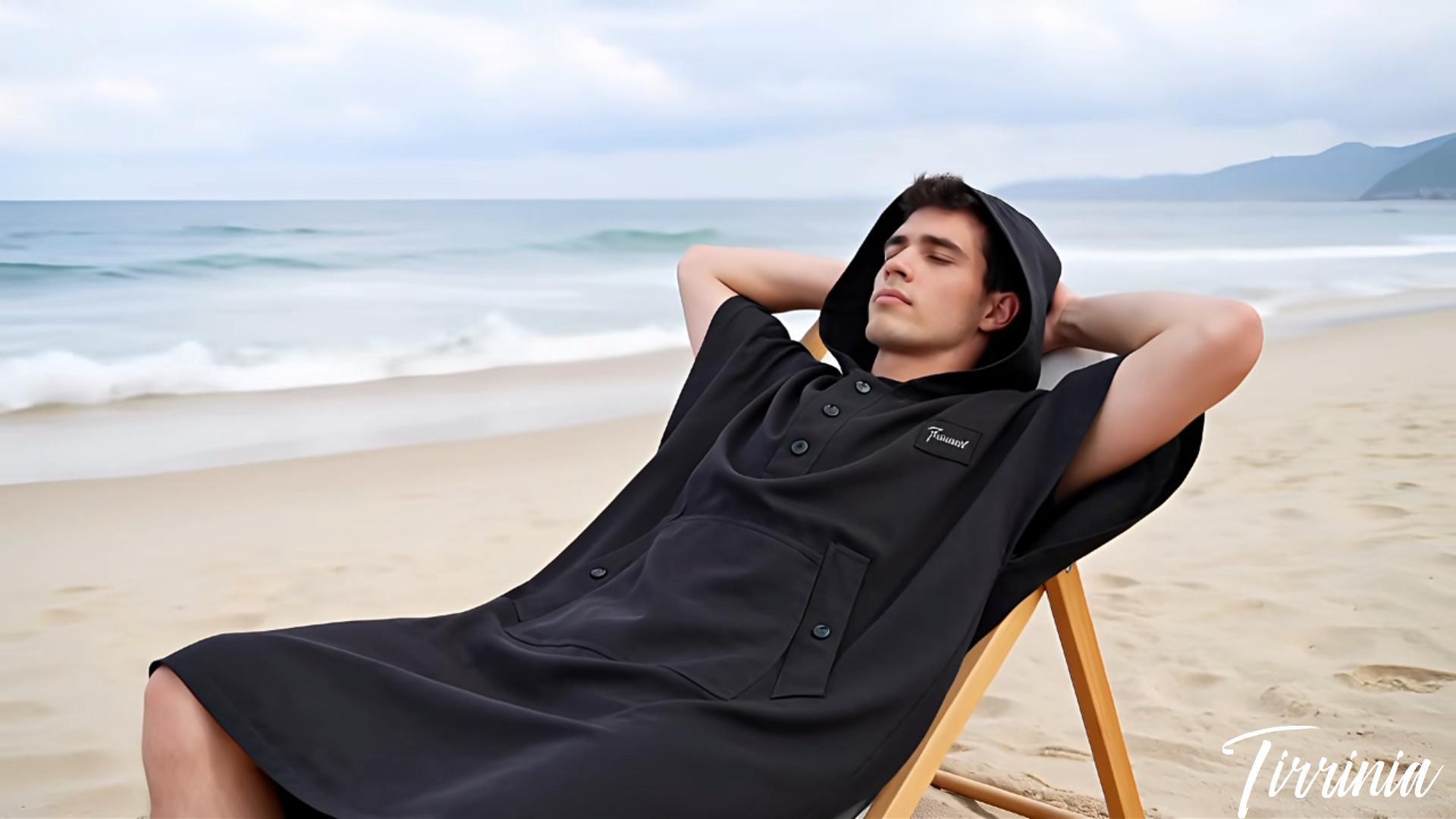 thumbnail video image 2 of Tirrinia Surf Poncho Changing Robe with Hood, Absorbent Quick Dry Microfiber Wetsuit Changing Towel with Pocket for Surfing Men Women, 2 of 8