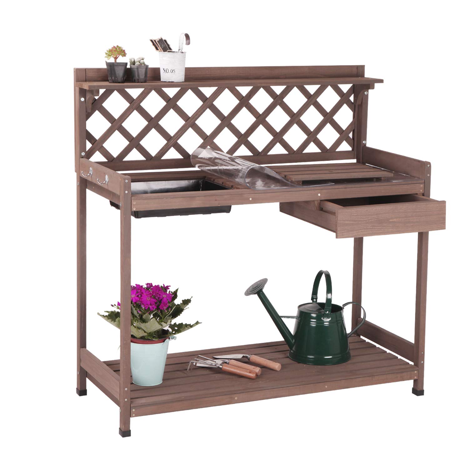 thumbnail video image 2 of Aivituvin Wooden Potting Bench Outdoor Workstation Gardening Table with Open Shelves, Cabinet Drawer, 2 of 8