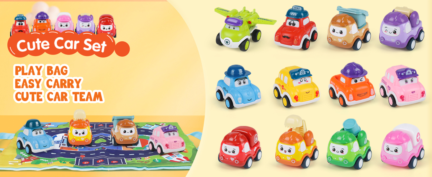 thumbnail video image 2 of Mini Car Toys for 1 Year Old Boy,12PCS Pull-Back Trucks with Play Mat & Storage Bag for Toddlers Age 1-3, Baby Toys 12-18 Months, Infant Toy Birthday Present for Boy Girl Age 2, 2 of 9