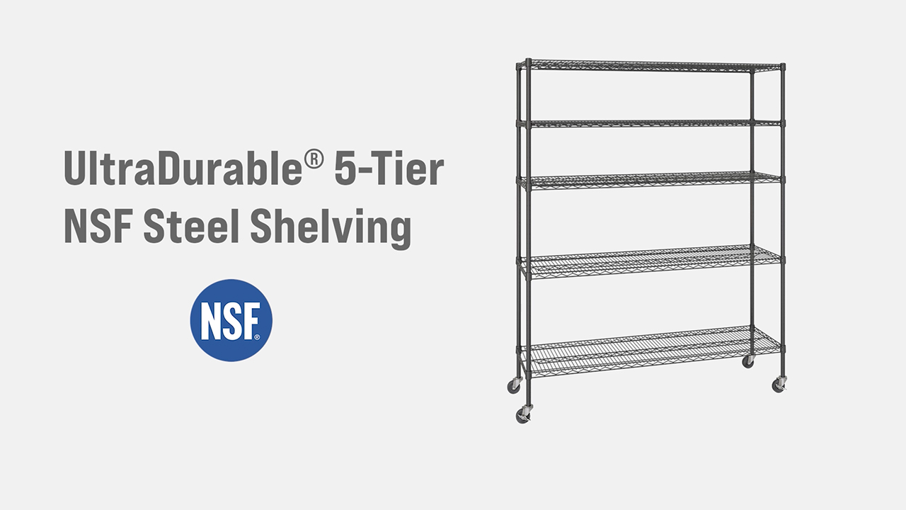 thumbnail video image 2 of Seville Classics UltraDurable® 5-Tier NSF Steel Wire Shelving, 60" W x 18" D, Chrome, 2 of 9