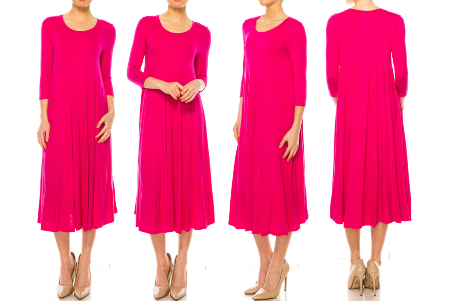 thumbnail video image 2 of MOA Collection Women's A-Line Long Dress with 3/4 Sleeves and Relaxed Round Neckline, 2 of 7