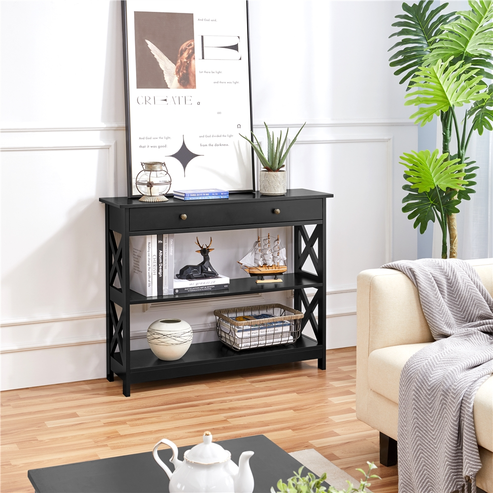 thumbnail video image 2 of Renwick 3-Tier X-Design Wood Console Table with Storage Drawer, Black, 2 of 10