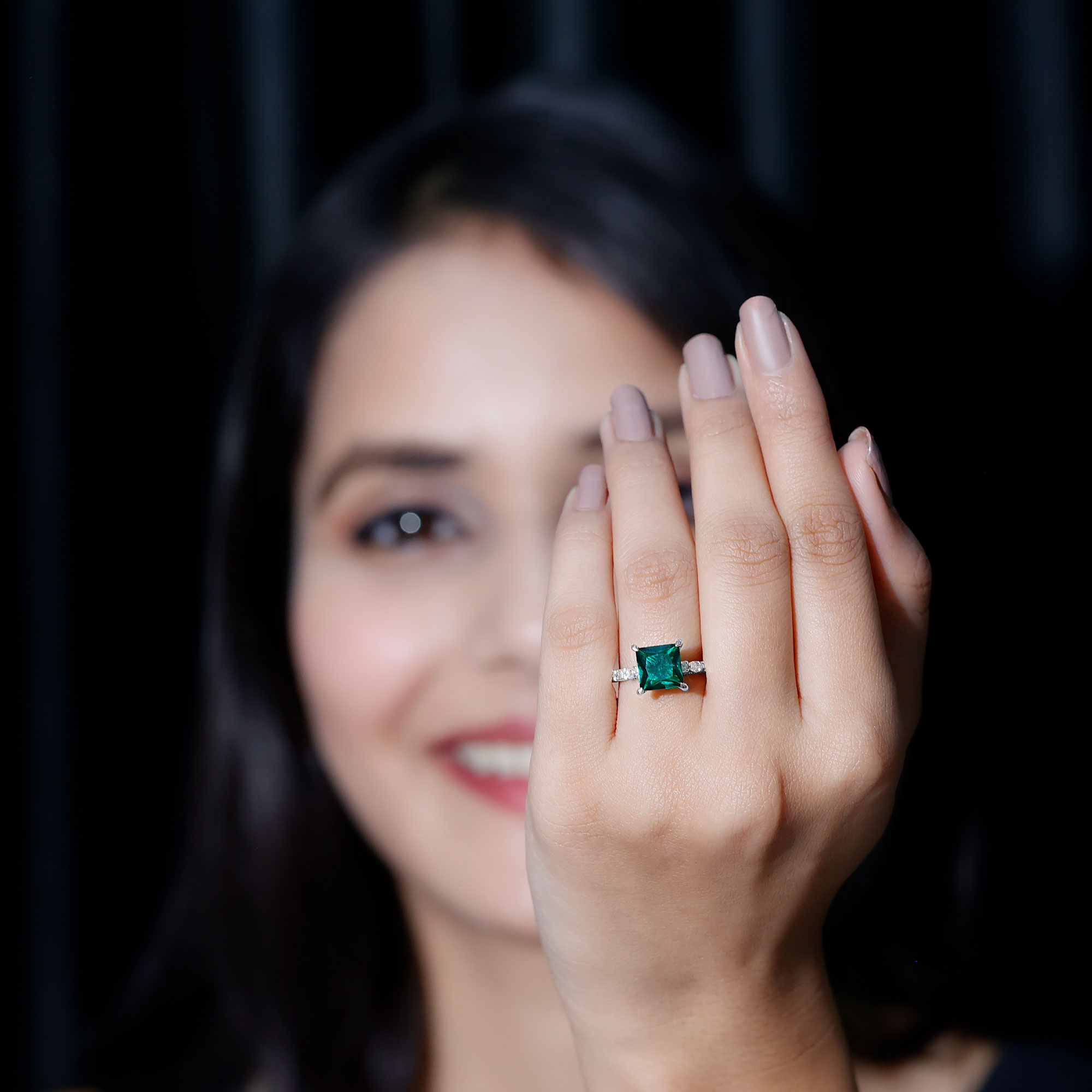 thumbnail video image 2 of Rosec Jewels Certified Lab Grown Emerald Princess Cut Engagement Ring - Emerald Moissanite Ring (8 mm, AAAA Quality), 18K Yellow Gold, US 5.50, 2 of 7