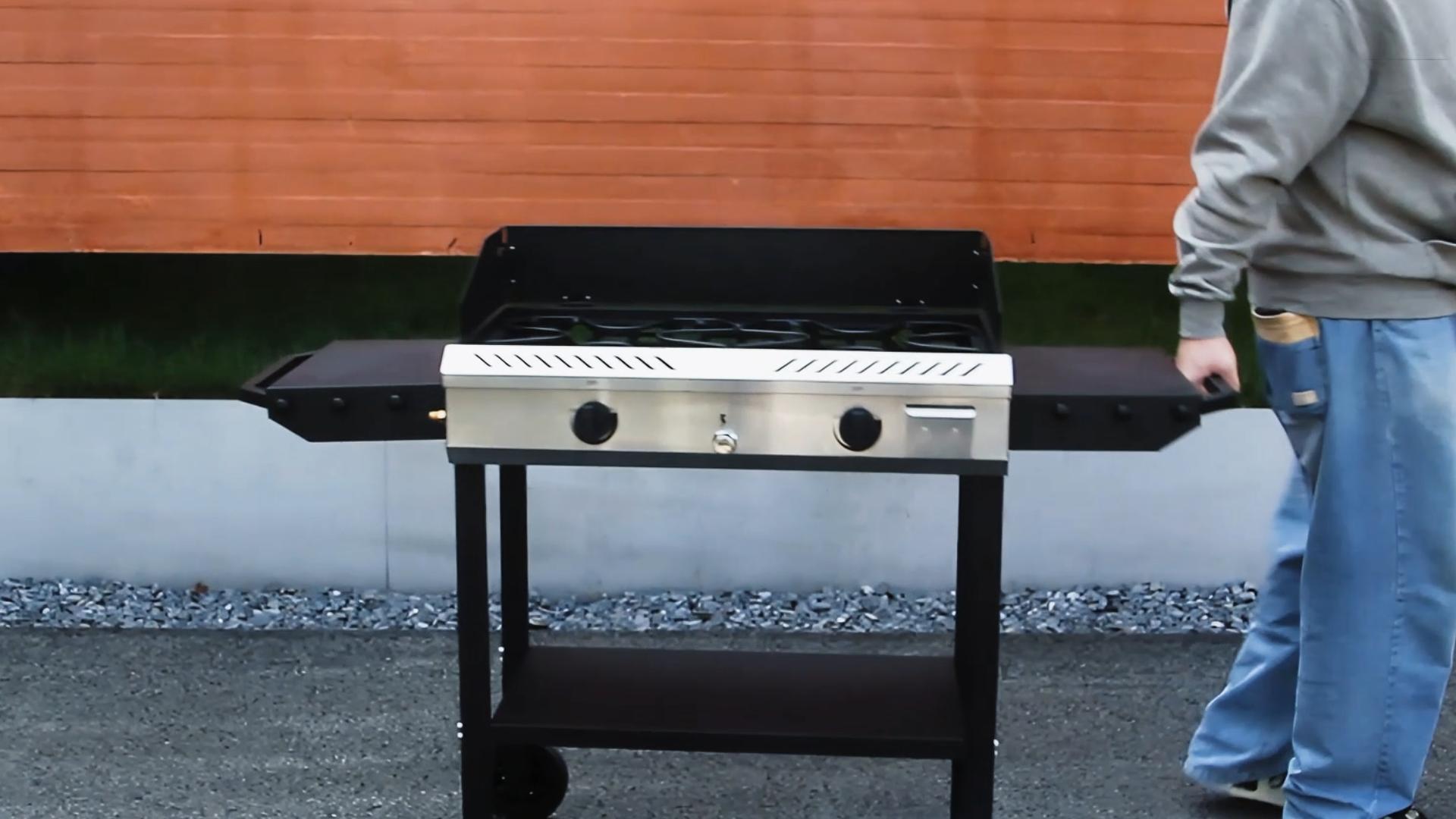 thumbnail video image 2 of Frizi 150,000 BTU 2-Burner Outdoor Gas Stove with Side Shelves, Auto-Ignition & Regulator, 2 of 7