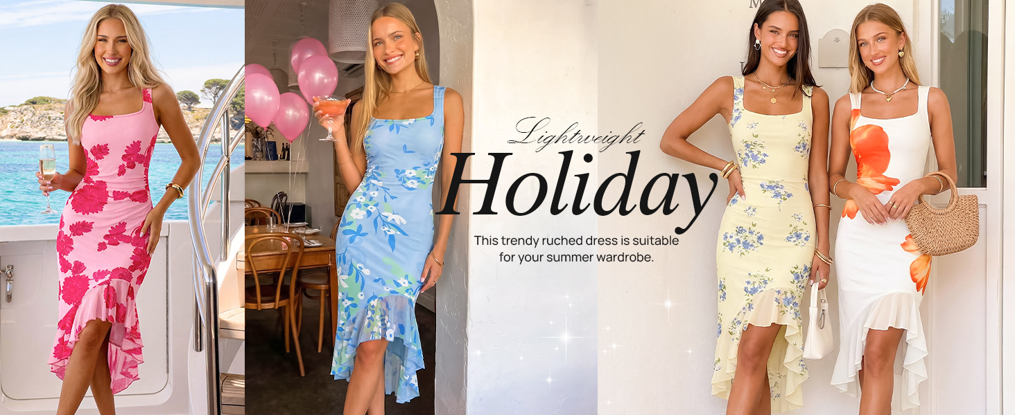 thumbnail video image 2 of Merokeety Womens Bodycon Dress Ruffle Cocktail Mesh Beach Vacation Midi Dresses Teal L, 2 of 6