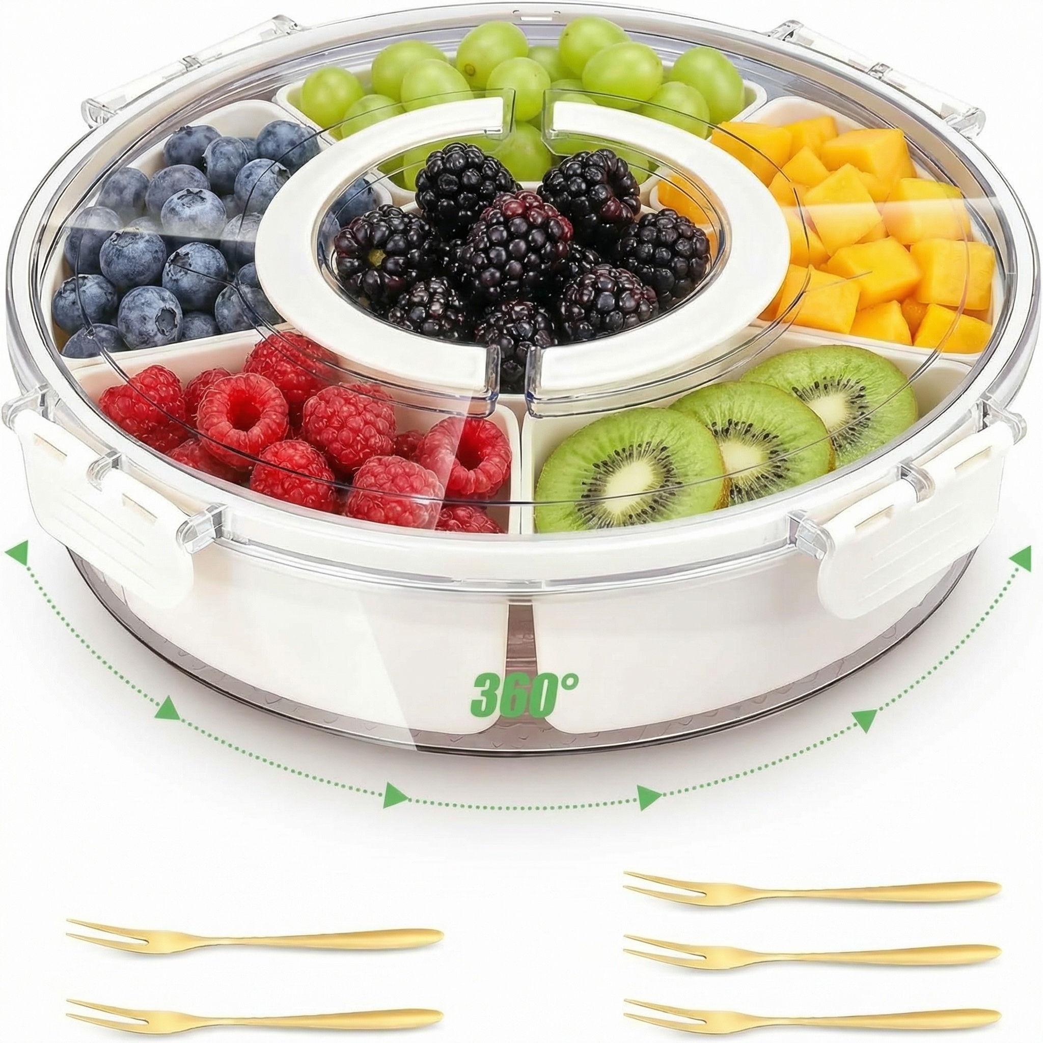 thumbnail video image 2 of LYLHZRMDGC Portable Large Capacity Snack Spinner Box Container with Lid and Handle, Divided Serving Tray for Fruit Veggie Charcuterie(1 pack-6 Compartments), 2 of 8