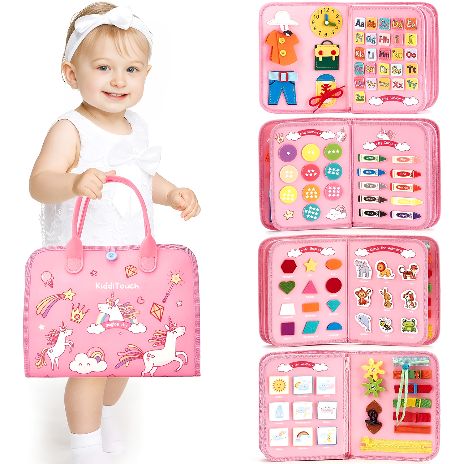 thumbnail video image 2 of KiddiTouch Busy Sensory Board, Toddler Travel Toys Busy Book Educational Learning Activities for Motor Skills, Pink Unicorn Birthday Gifts for Girls 1-4 Year Old, 2 of 8