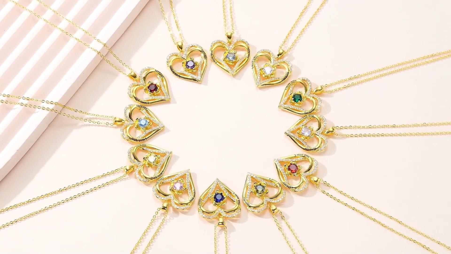 thumbnail video image 2 of Taioiat Double Love Heart Birthstone Necklace for Women 14K Gold Plated Rose Flower Pendant with 12 Birthstones Birthday Wedding Anniversary Jewelry Gifts for Her, 2 of 7