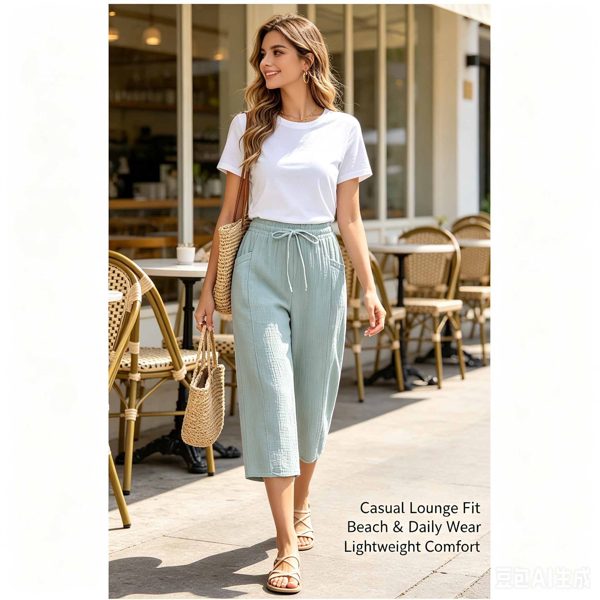 thumbnail video image 2 of LILIYA Capris for Women Summer Casual High Waisted Drawstring Crop Pants with Pockets Solid Loose Wide Leg Lounge Trousers Boho Beach Clothes, 2 of 7