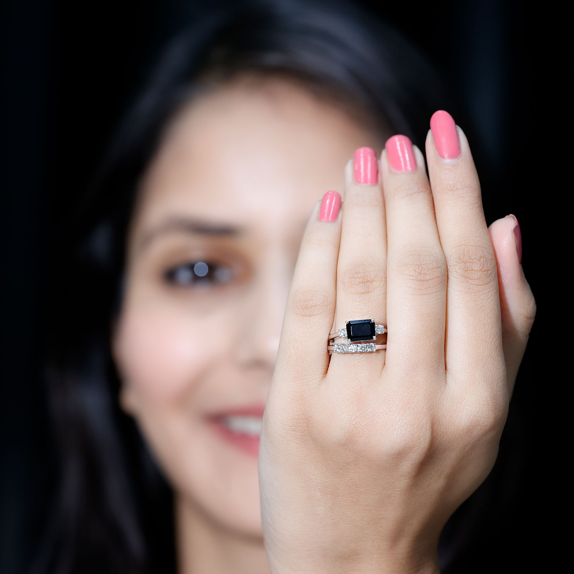 thumbnail video image 2 of Rosec Jewels Natural Black Onyx Diamond Wedding Bridal Ring Set - AAA Grade - Emerald Cut Engagement Ring with Enhancer, 14K White Gold, US 8.50, 2 of 9