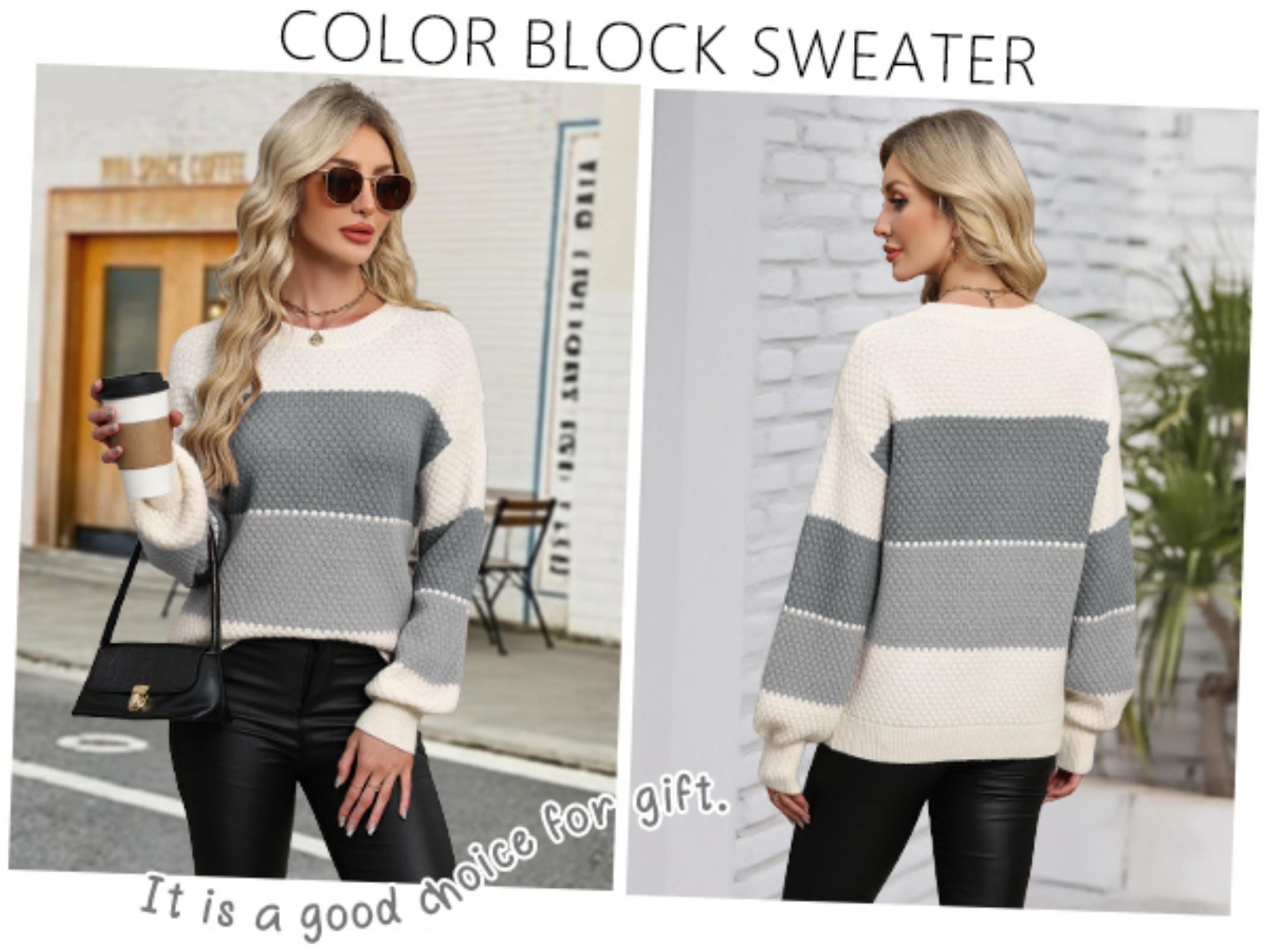 thumbnail video image 2 of NAYTOAO Women's Color Block Striped Bubble Textured Crew Neck Lantern Sleeve Sweater, 2 of 7