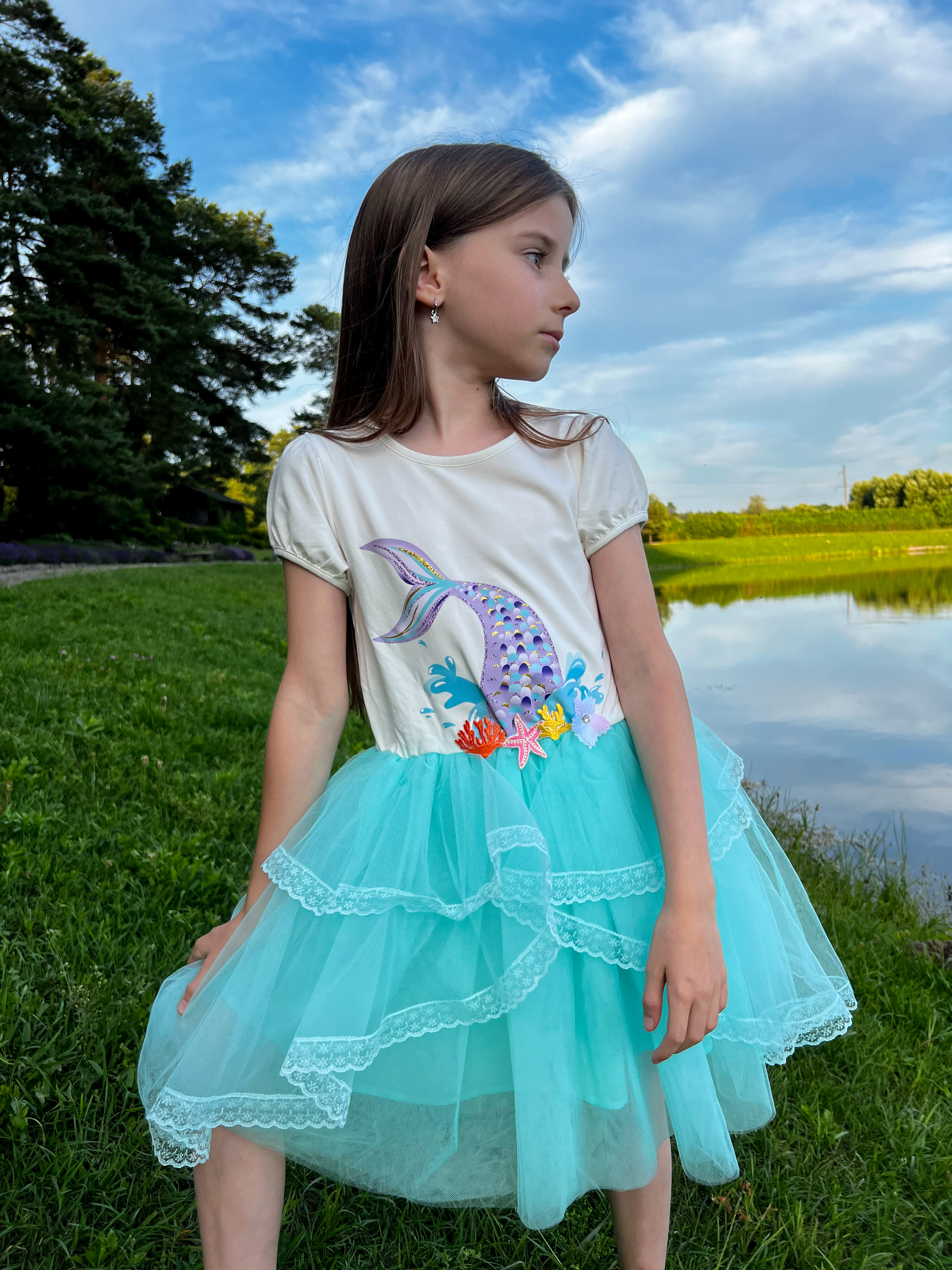 thumbnail video image 2 of Girls Dress Blue Mermaid Princess Embroidery Sequin Tulle Short Sleeve 6 Years, 2 of 8