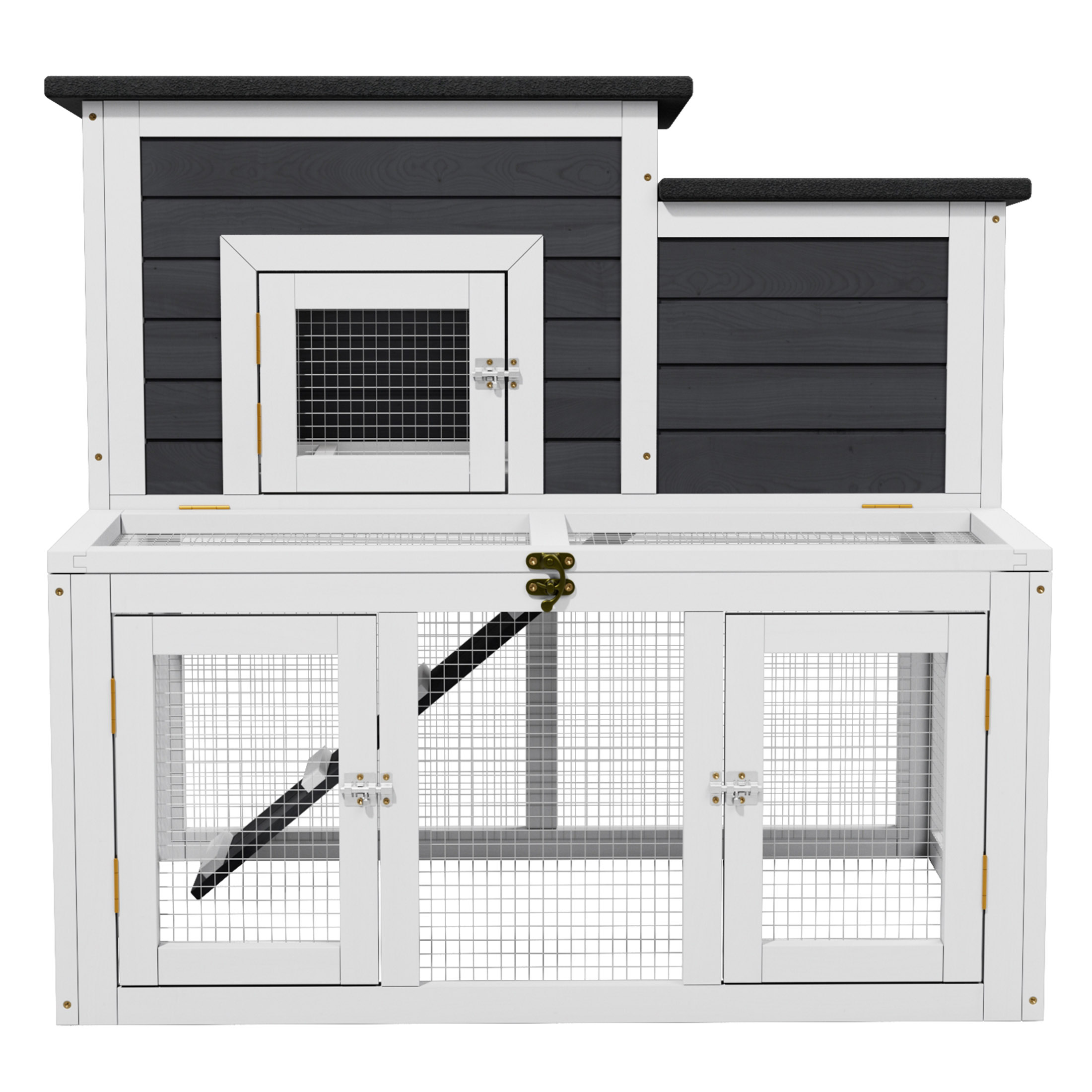 thumbnail video image 2 of Outdoor 2-Tier 2-Room Quail Hutch with Brooder Box & Activity Area, Openable Asphalt Roof, Black with White, 2 of 8