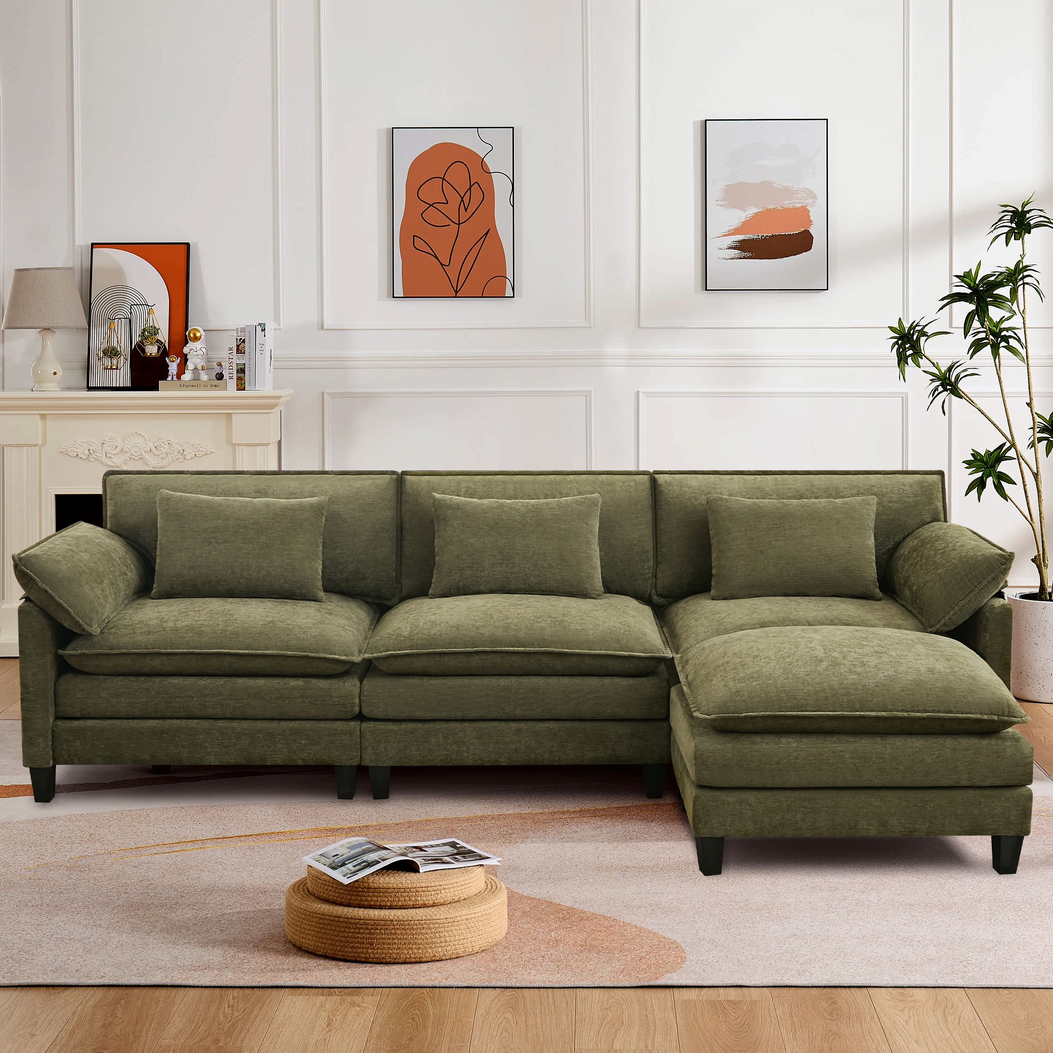 thumbnail video image 2 of JONPONY 111" Cloud Couch,L Shaped Modular Sectional Sofa with Movable Ottoman,3 Oversized Seats Sleeper Couches for Living Room,Green, 2 of 11