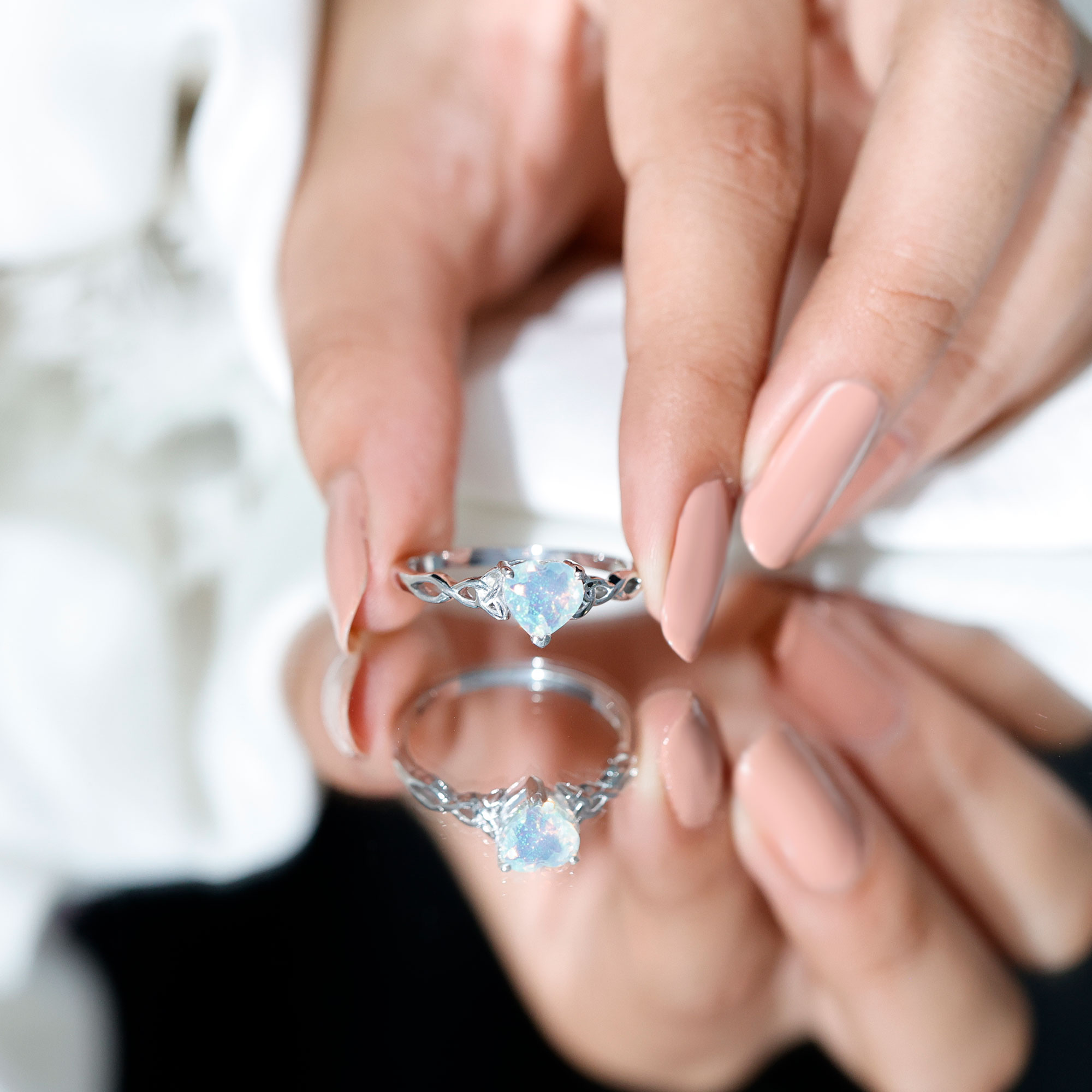 thumbnail video image 2 of Rosec Jewels Ethiopian Opal Heart Shaped Engagement Ring - Celtic Knot Ring - 8 mm - AAA Quality - with Jewelry Box, 18K White Gold, US 7.00, 2 of 9