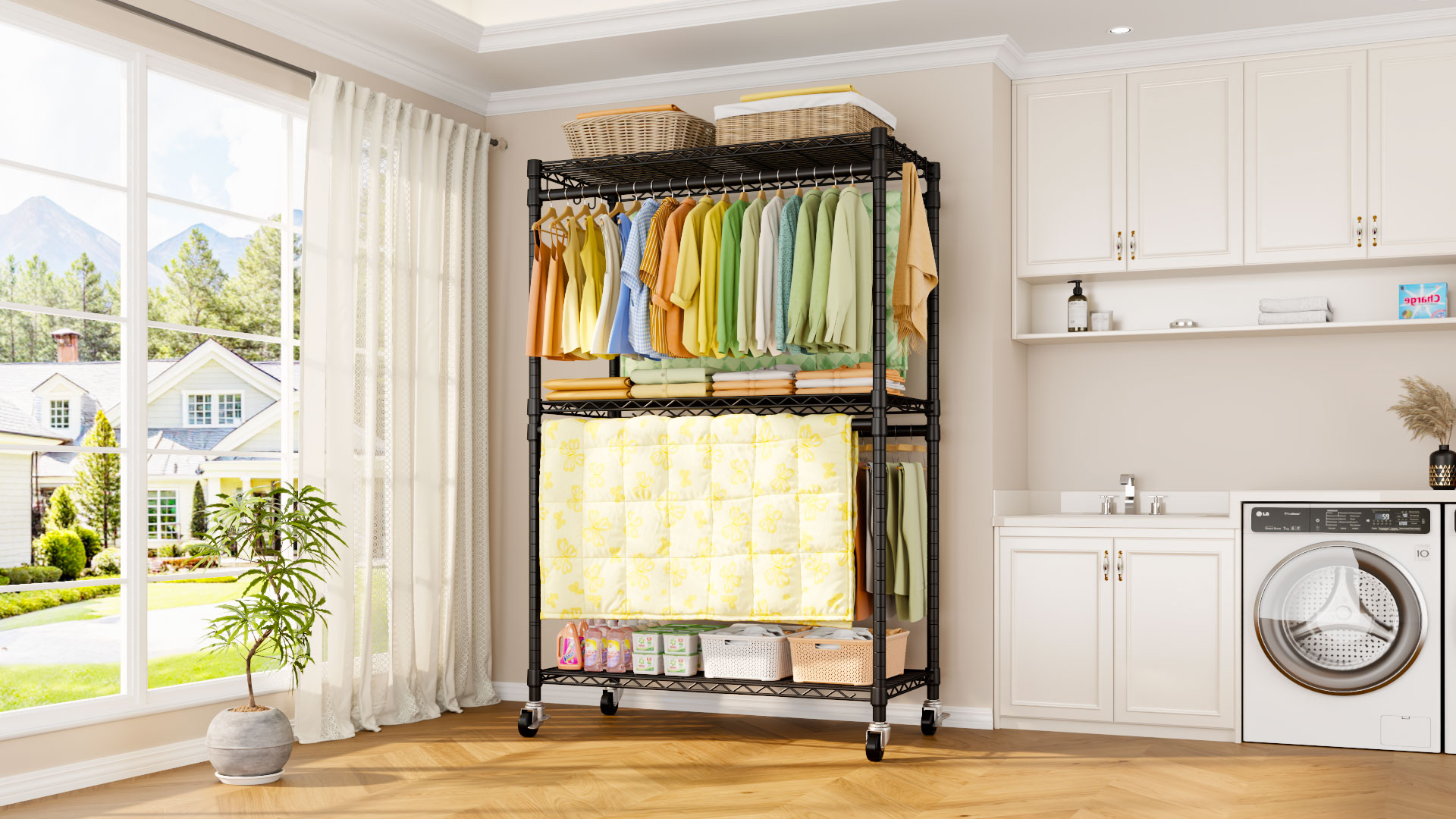 thumbnail video image 2 of ULIFP5 Plus Rolling Clothes Rack, Clothing Racks for Hanging Clothes, Black | Heavy Duty Garment Rack with Wheels, 3-Tier Shelves, Portable Closet Racks 45''W × 20.5''D × 80.5''H, Max Load 660Lbs, 2 of 9