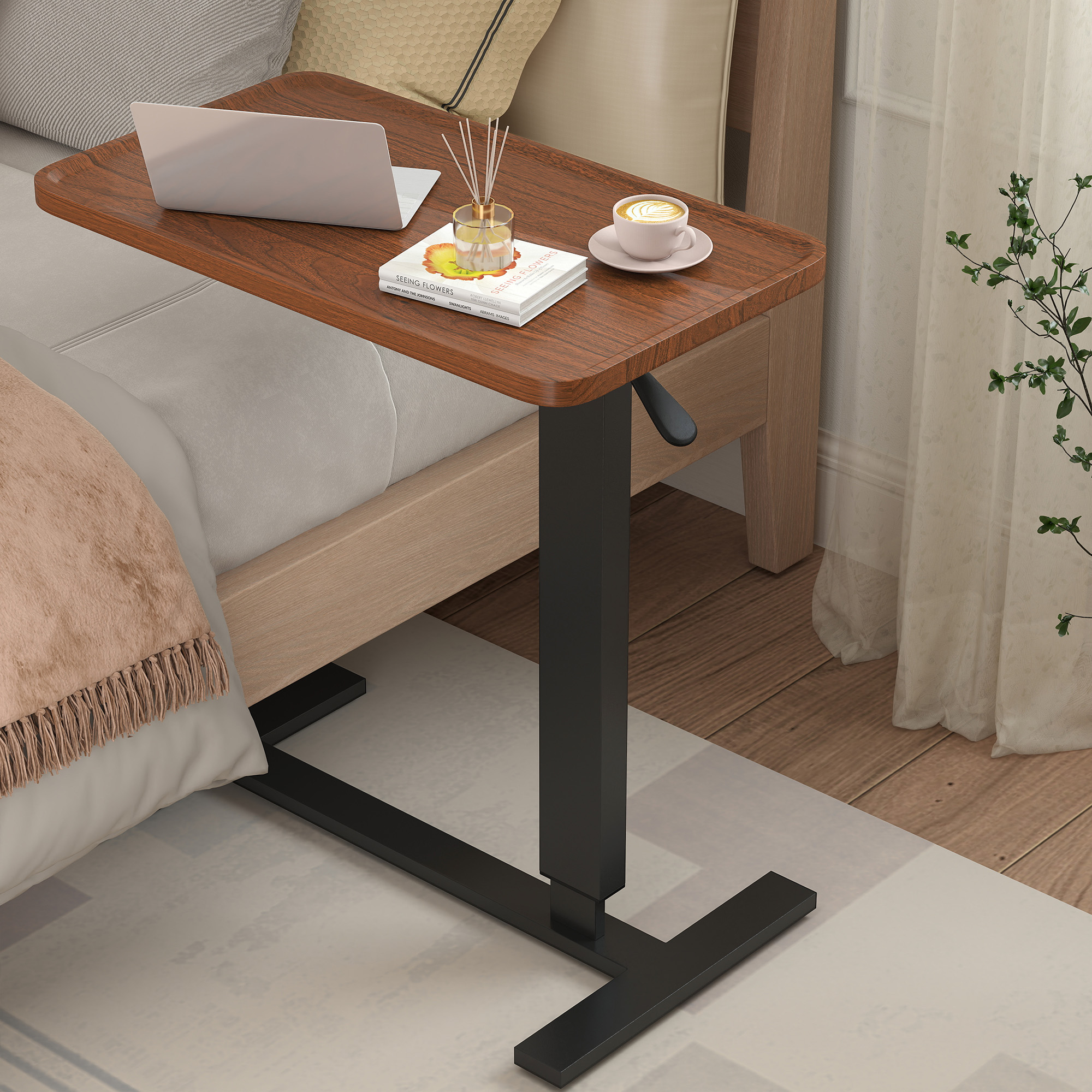 thumbnail video image 2 of Pneumatic Overbed Table Height Adjustable, Rolling Bed Desk, Mobile Standing Laptop Table with Wheels, Over Bed Table for Hospital/Sofa/Couch/Bed/Office/Work - Foldable (27.5" W x 15.7" D, Walnut), 2 of 13