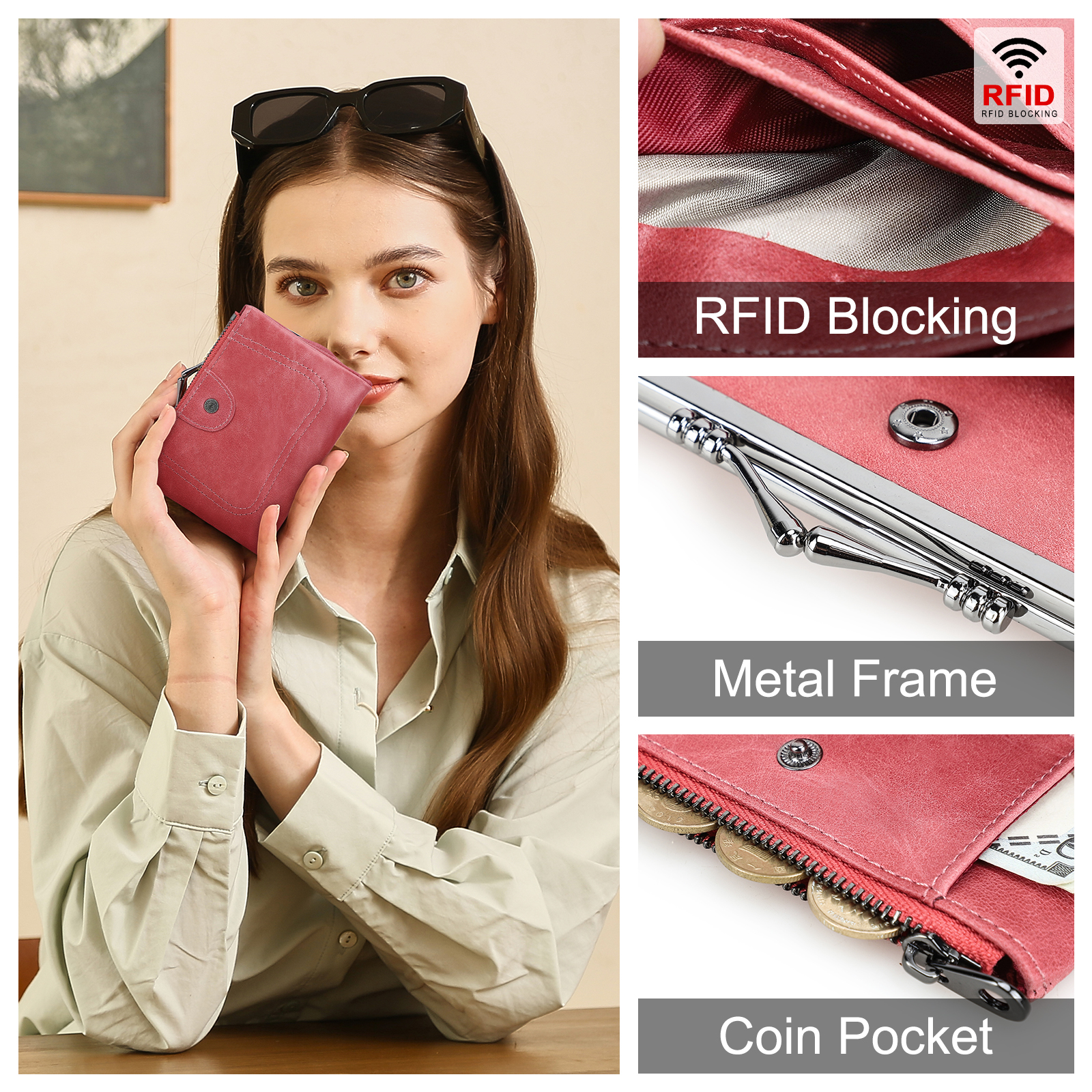 thumbnail video image 2 of Contact's Women’s Small Coin Purse Rectangle Kiss Lock Coin Pouch Vintage Bifold Rfid Wallet for Woman, Rose pink, 2 of 8