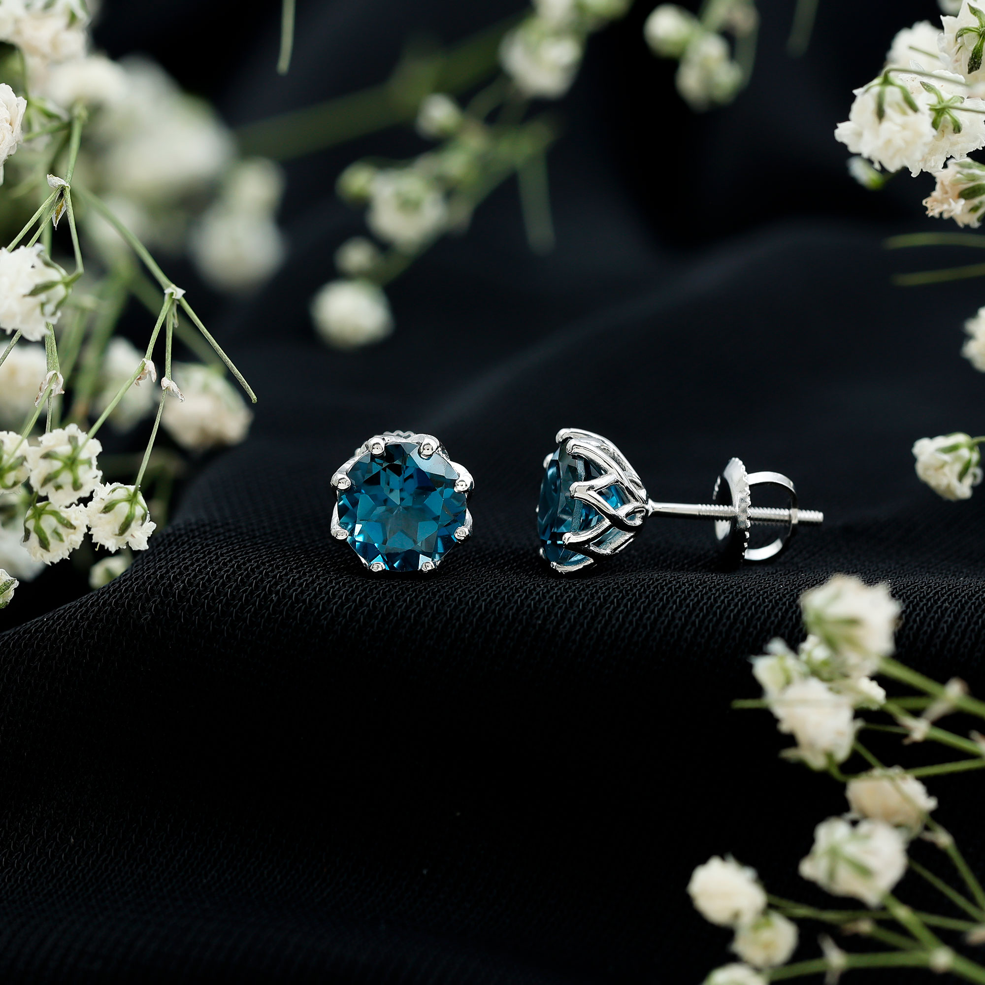 thumbnail video image 2 of Rosec Jewels London Blue Topaz Solitaire Stud Earrings for Women - 7 mm - AAA Grade, 10K Yellow Gold, 2 of 7