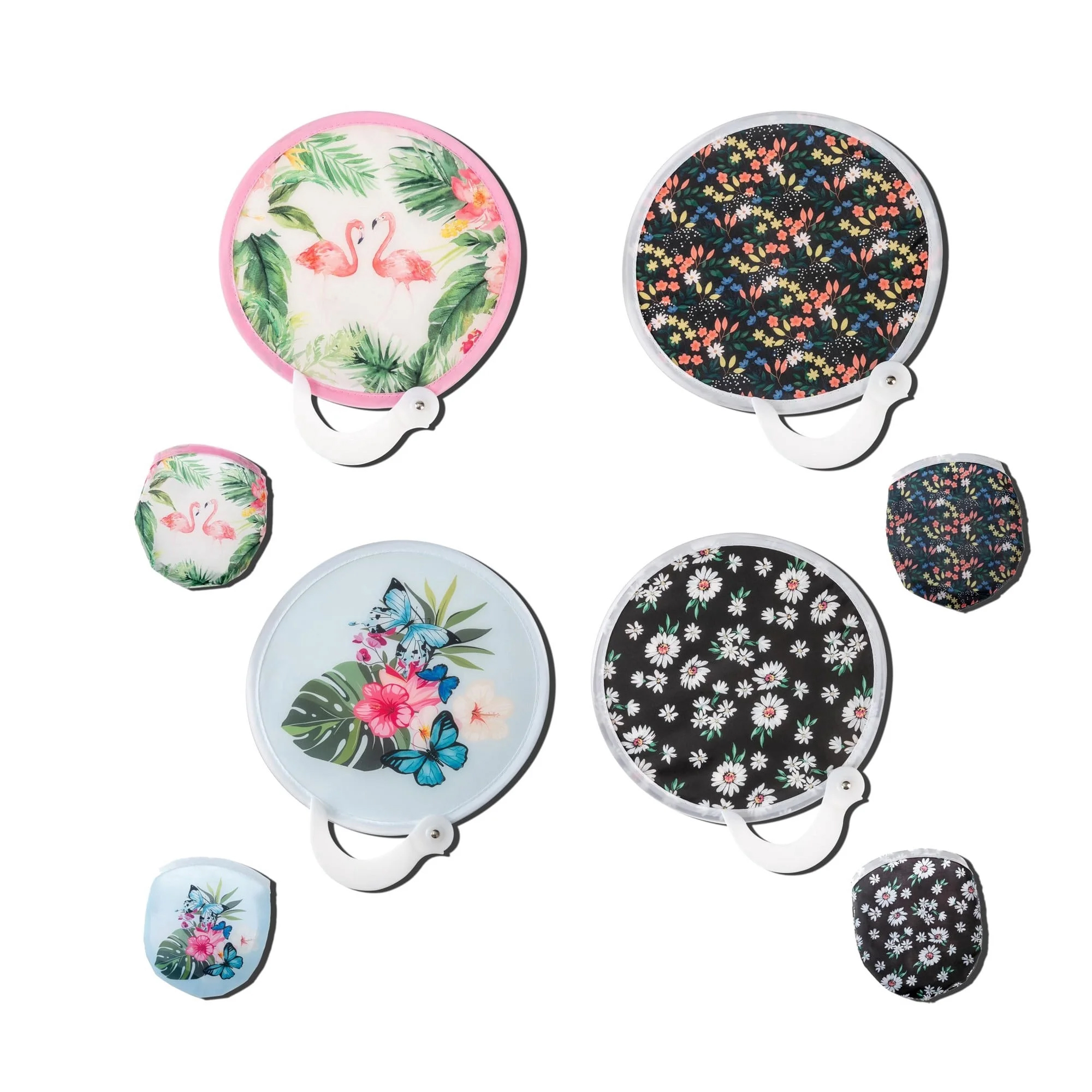 thumbnail video image 2 of 4pcs Pack Foldable Round Hand Fan 9.3 Inch 23.7cm Portable Flying Disc Polyester Fabric with Spring steel Circle and Handle, Summer Cooling Decorative Fan for Party, Wedding & Daily Use, 2 of 6