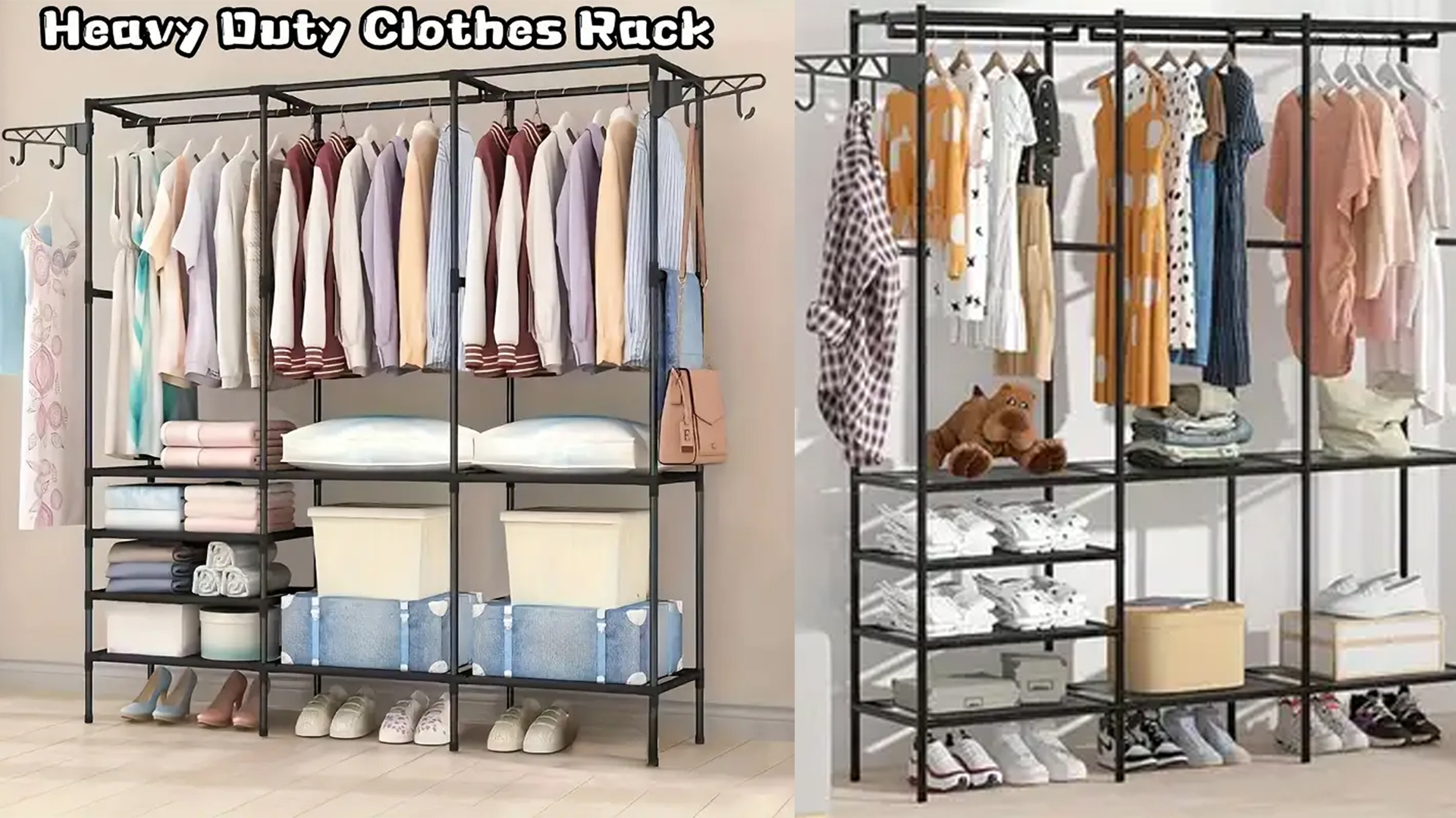 thumbnail video image 2 of LASIEYO Heavy Duty Metal Garment Rack Free Standing Wardrobe, 2 of 13