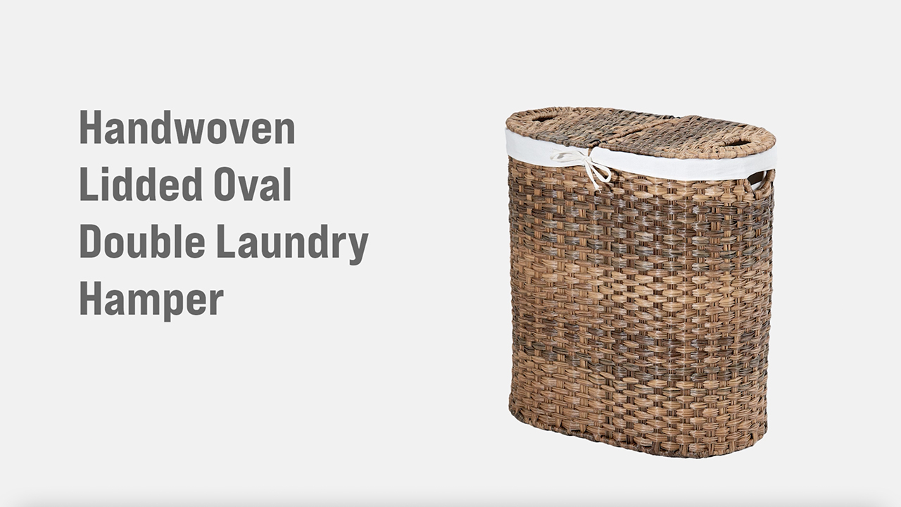 thumbnail video image 2 of Seville Classics Hand-Woven Oval Double Laundry Hamper /w Liner, Mocha, 2 of 9