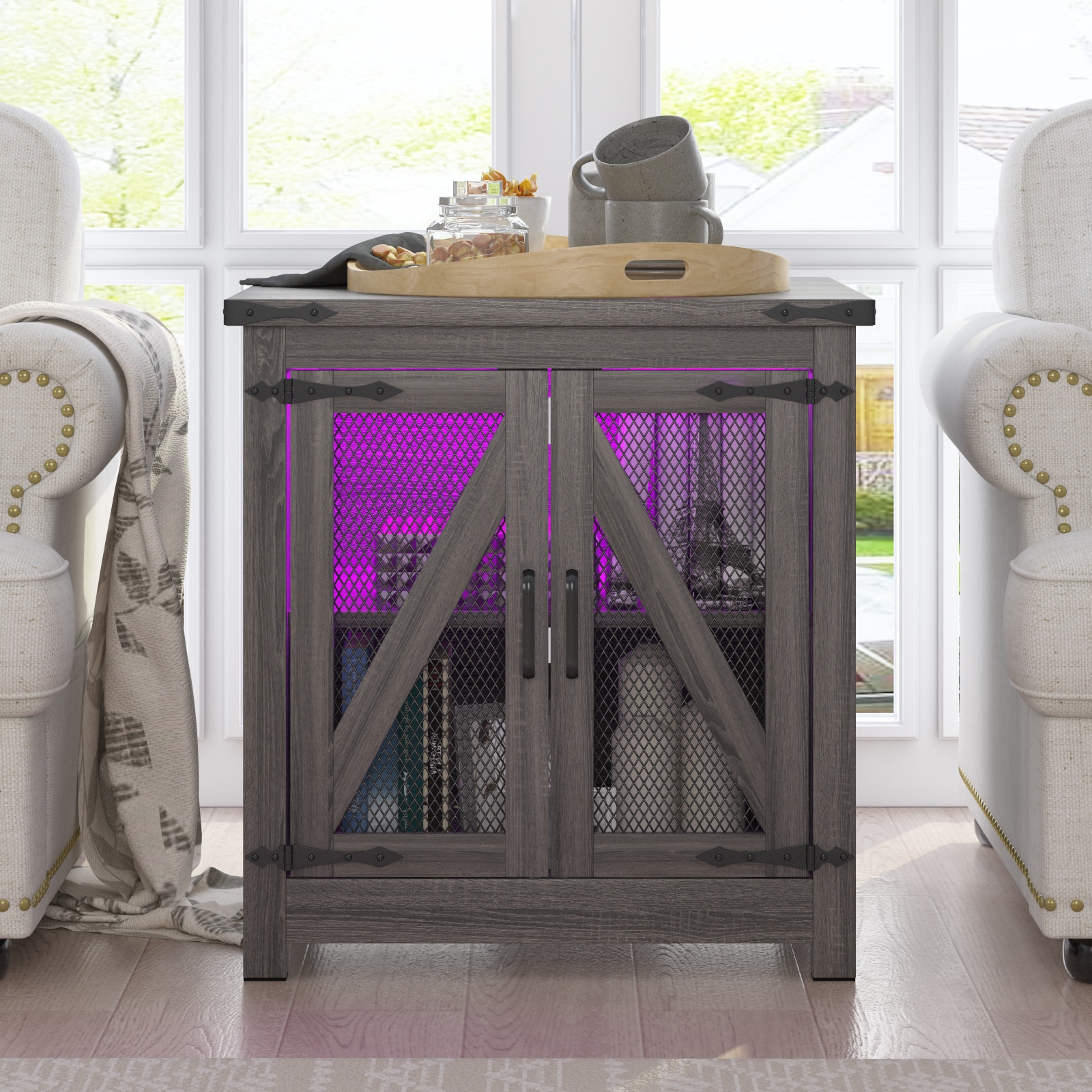 thumbnail video image 2 of ChVans 24'' Farmhouse End Table with LED Lights&Charging Station, Mesh Barn Door, Adjustable Storage Shelf, Farmhouse Lighted Sidetable for Living Room, Bedroom, Office, 2 of 8