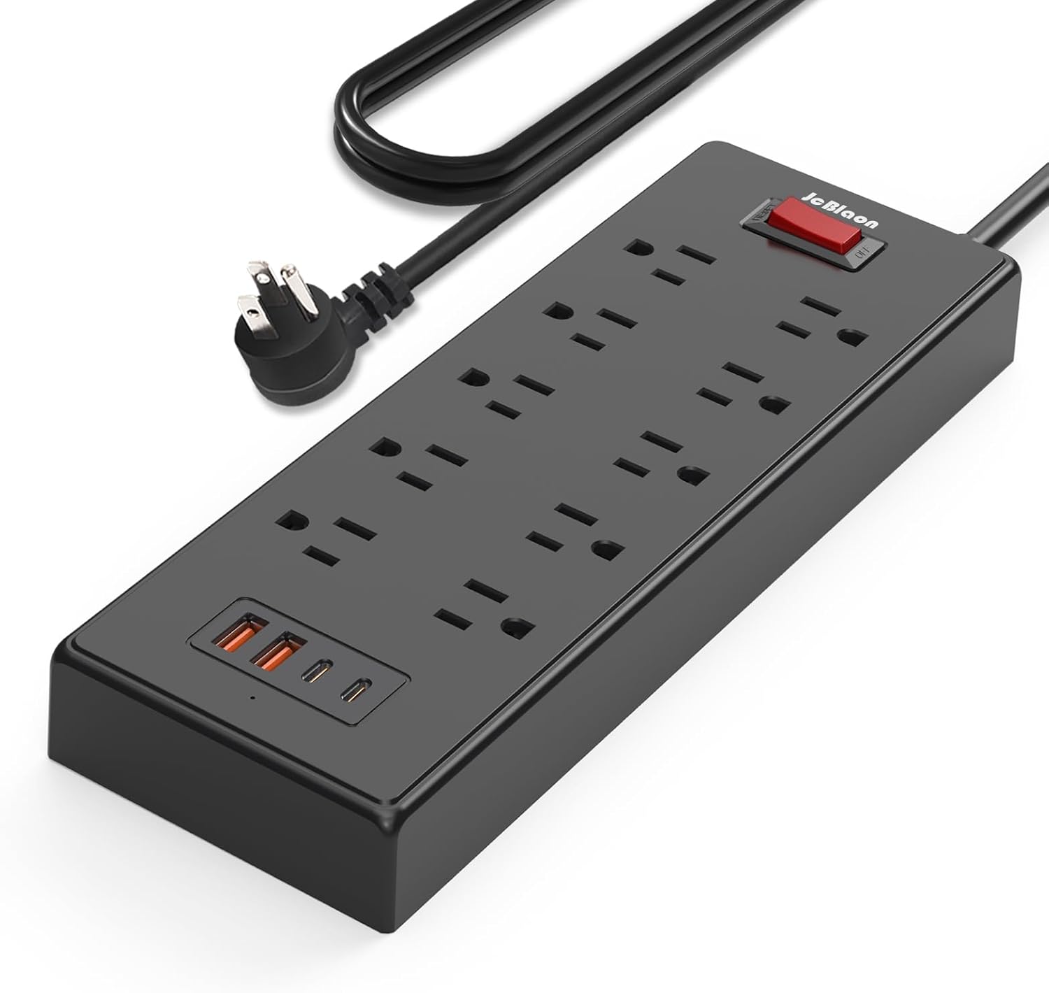 thumbnail video image 2 of JcBlaon Power Strip Surge Protector with USB Ports Multiple Outlets, 5ft Flat Plug Extension Cord, Black, 2 of 10