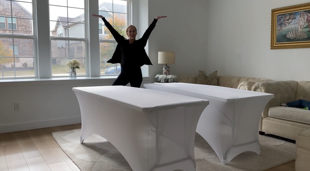 thumbnail video image 2 of White Classic Spandex Table Covers 8FT, Pack of 2 Black Fitted Tablecloth, Wrinkle Resistant Folding Table Cover, Washable Stretch Table Cloth for Any Event, 2 of 7