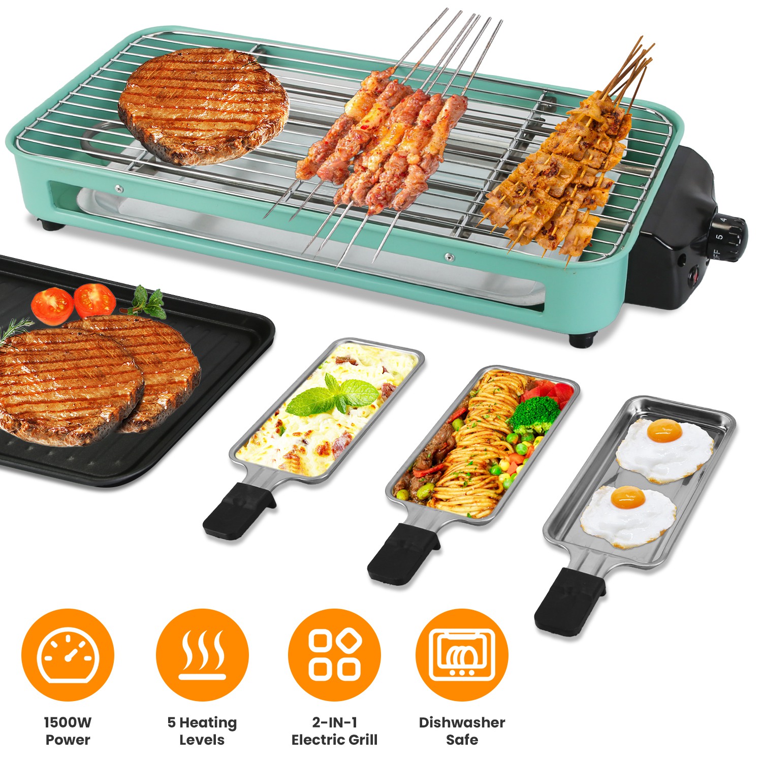 thumbnail video image 2 of TeqHome Counter Top Indoor Grill Electric 2 in 1 1500W Electric Grill for Kitchen with Grill Net 5 Temperature Control 3 Small Trays Removeable Plate Dishwasher Safe Green, 2 of 12