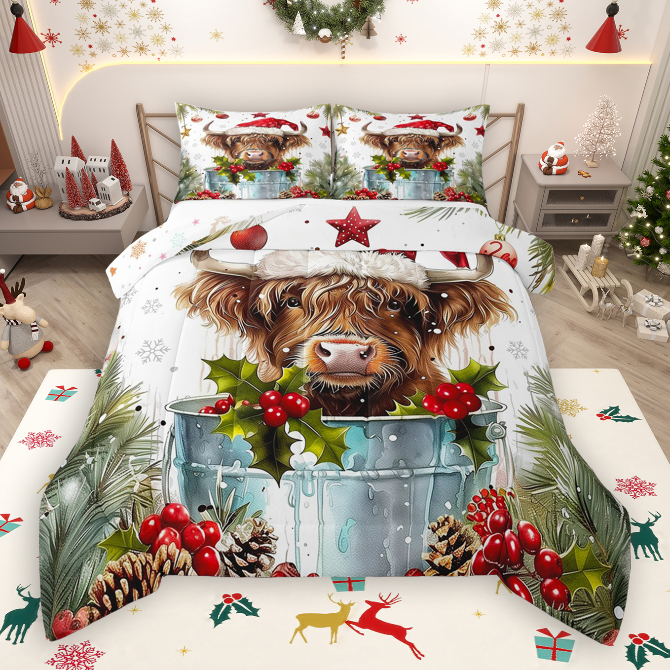 thumbnail video image 2 of Manfei Kawaii Highland Cow Full Size Comforter Sets,Rustic Farmhouse Cabin Bedding Comforter Set,Merry Xmas Pine Cone Bedding Sets For Girl Boys,Ultra Soft Home Decor Reversible,3pcs, 2 of 9