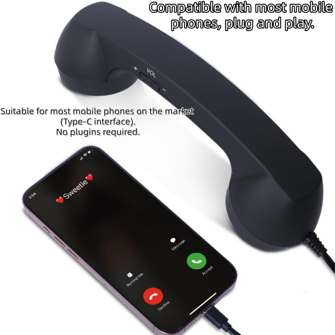 thumbnail video image 2 of Retro Phone Handset,Wired Plug-in Vintage Phone with Microphone, Anti-radiation, Wired Phone Accessory with Volume Control, Compatible with iPhone and Android Phones, Type-C Interface, 2 of 7