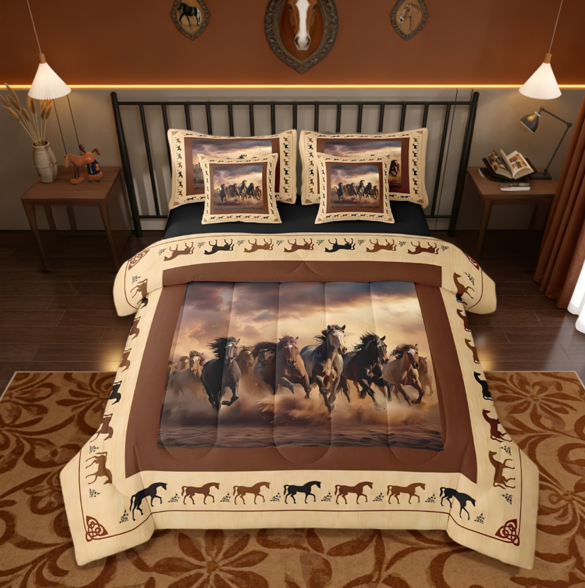 thumbnail video image 2 of Manfei Cute Animal Horse 7pcs Bedding Comforter Set Galloping Horse Kawaii Farm Cowboy Queen Bedding Sets,Brown Reversible, 2 of 8