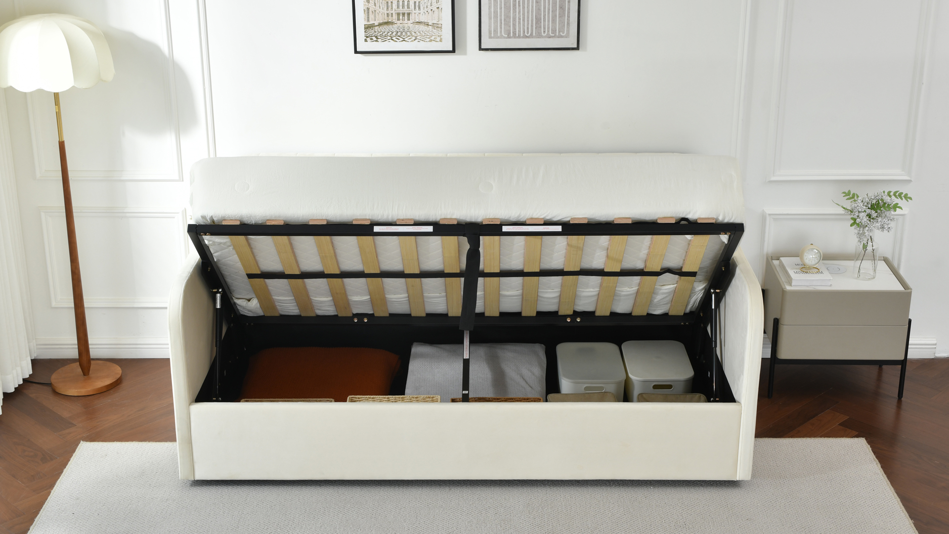 thumbnail video image 2 of Zanmintaobo Velvet Upholstered Daybed with Lift up Storage,Vertical Channel Tufted Headboard,No Box Spring Needed,Easy Assembly,Cream, 2 of 9