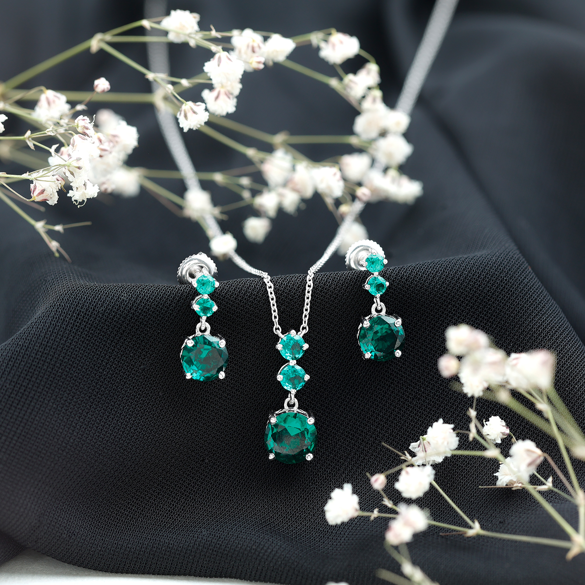 thumbnail video image 2 of Rosec Jewels Three Stone Jewelry Set for Women - Created Emerald Dangle Pendant and Earring Set, 10K White Gold, 2 of 8