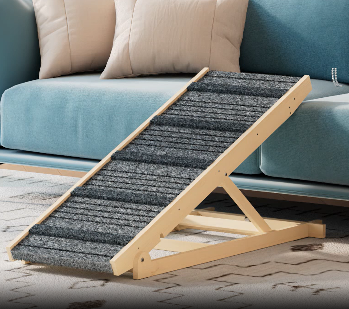 thumbnail video image 2 of TIMHAKA Dog Ramp for Bed w/ 7 Adjustable Heights, Folding Pet Ramp for Small, Large & Cats w/ Non-Slip Surface & Strip, Height from 10.2" to 26.8"(Supports up to 150lbs), 2 of 9