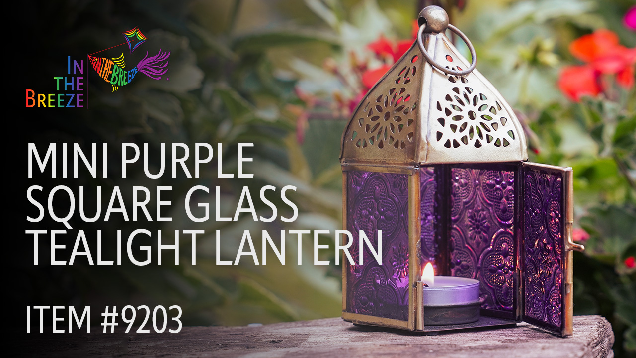 thumbnail video image 2 of In the Breeze 9203 — Purple Mini Square Tealight Lantern — Moroccan-Style Boho Chic Tealight Glass and Metal Tabletop Lantern, 2 of 5