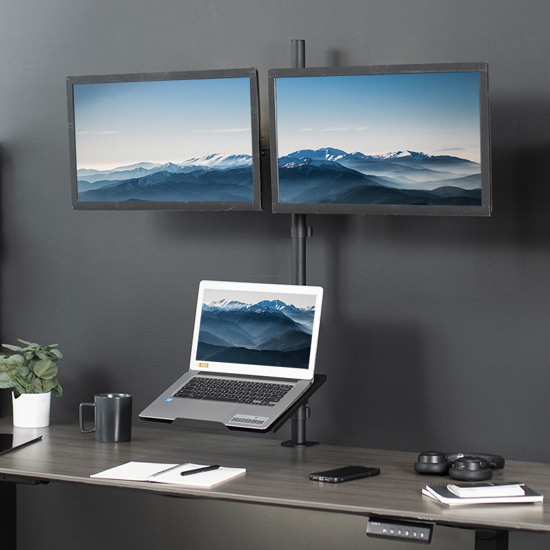 thumbnail video image 2 of VIVO Dual 13" to 27" Monitor Mount with Laptop Holder, Tall Adjustable Stand, 2 of 3