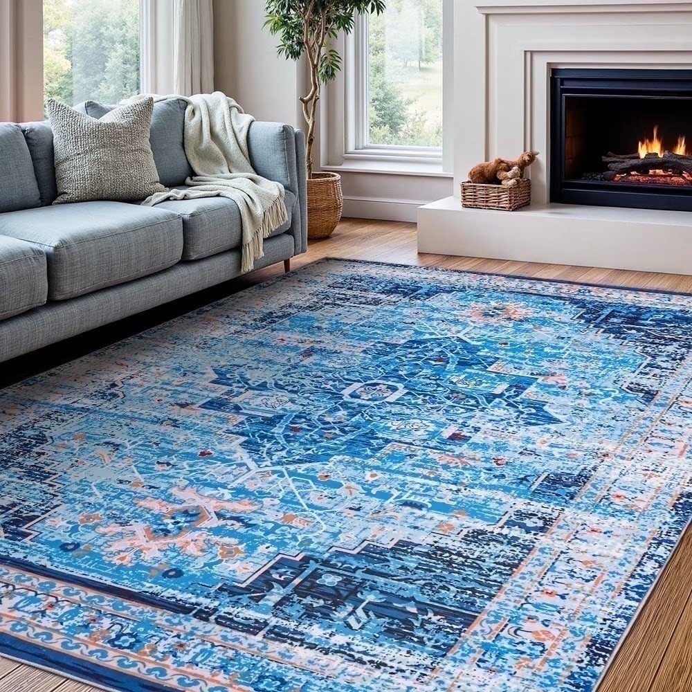 thumbnail video image 2 of Wondiair 5x7 Area Rug, Ultra Soft Plush, Machine Washable, Non-Slip, Dusty Blue Floral Floor Rug for Living Room, Bedroom, Dining Room, Hallway, 2 of 10