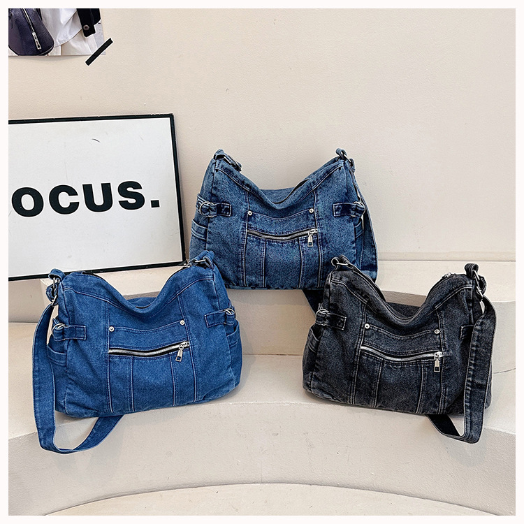 thumbnail video image 2 of Sunyuer Women Vintage Washed Denim Hobo Bag, Large Capacity Multi Pocket Denim Crossbody Tote Purse, Daily Commuter Travel Shoulder Handbag, 2 of 8