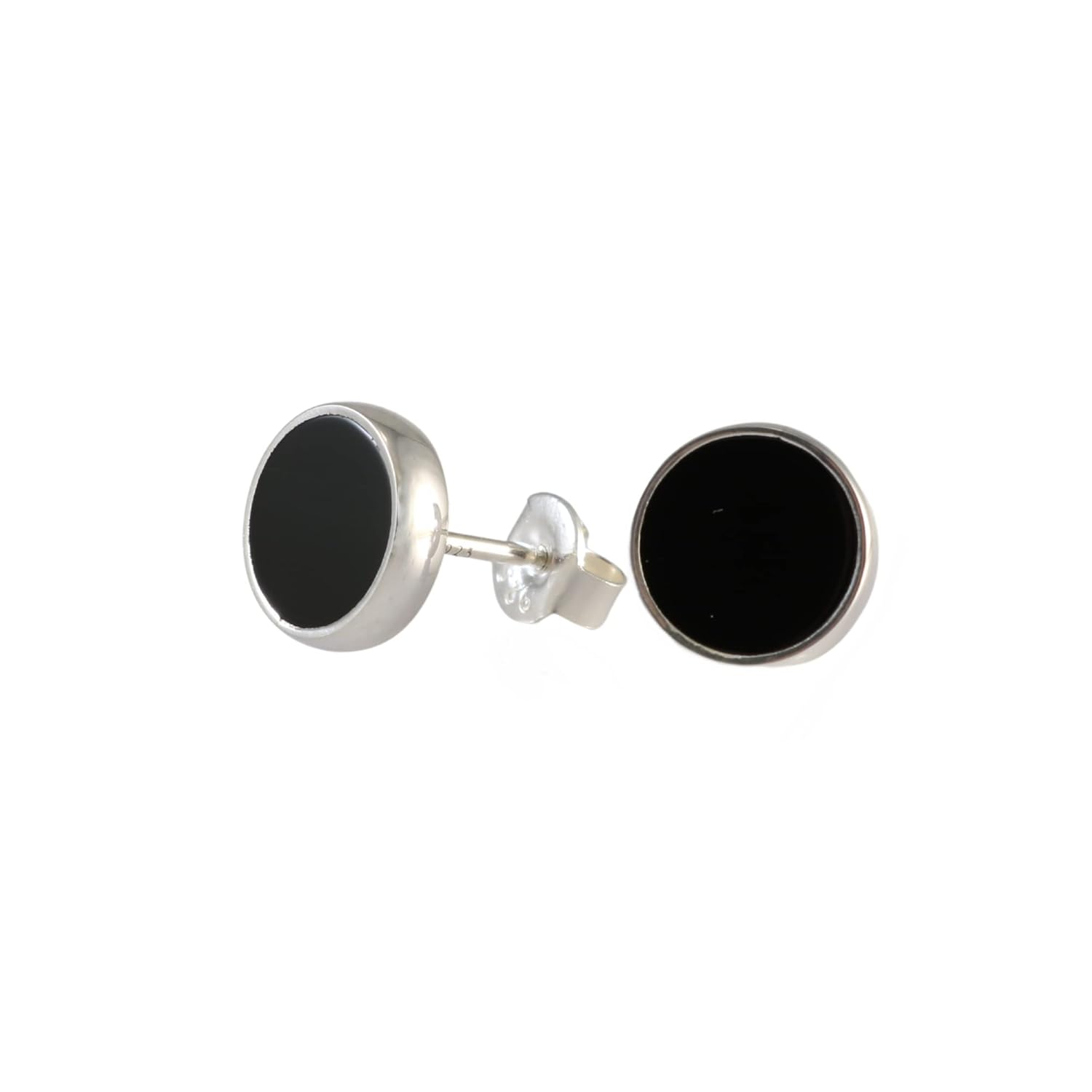 thumbnail video image 2 of Echmeck Solid 925 Sterling Silver Black Flat Onyx Handmade Stud Earrings for Women Men - 9mm, 2 of 13