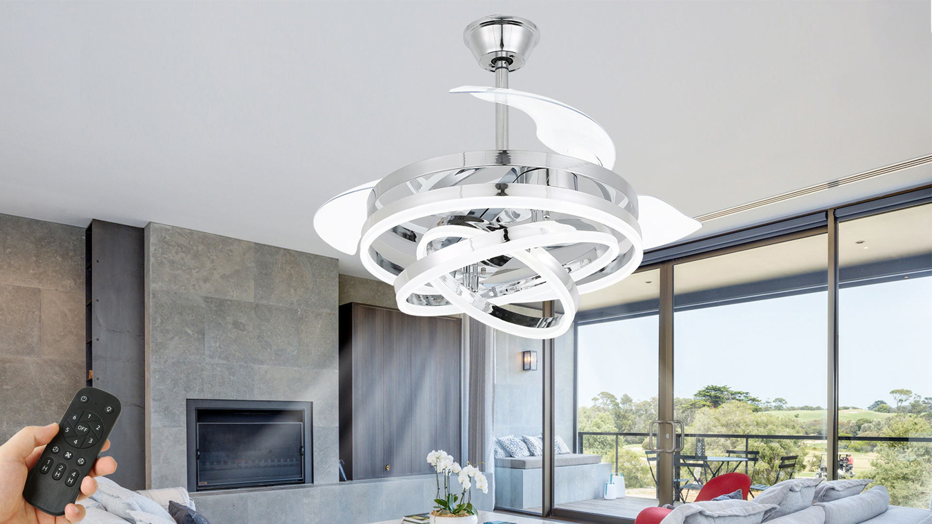 thumbnail video image 2 of 42" Silver Modern Retractable Ceiling Fan With Dimmable Light Kit and Remote Control, DIY-Shape 6-Speed Reversible Ceiling Fan, 2 of 10