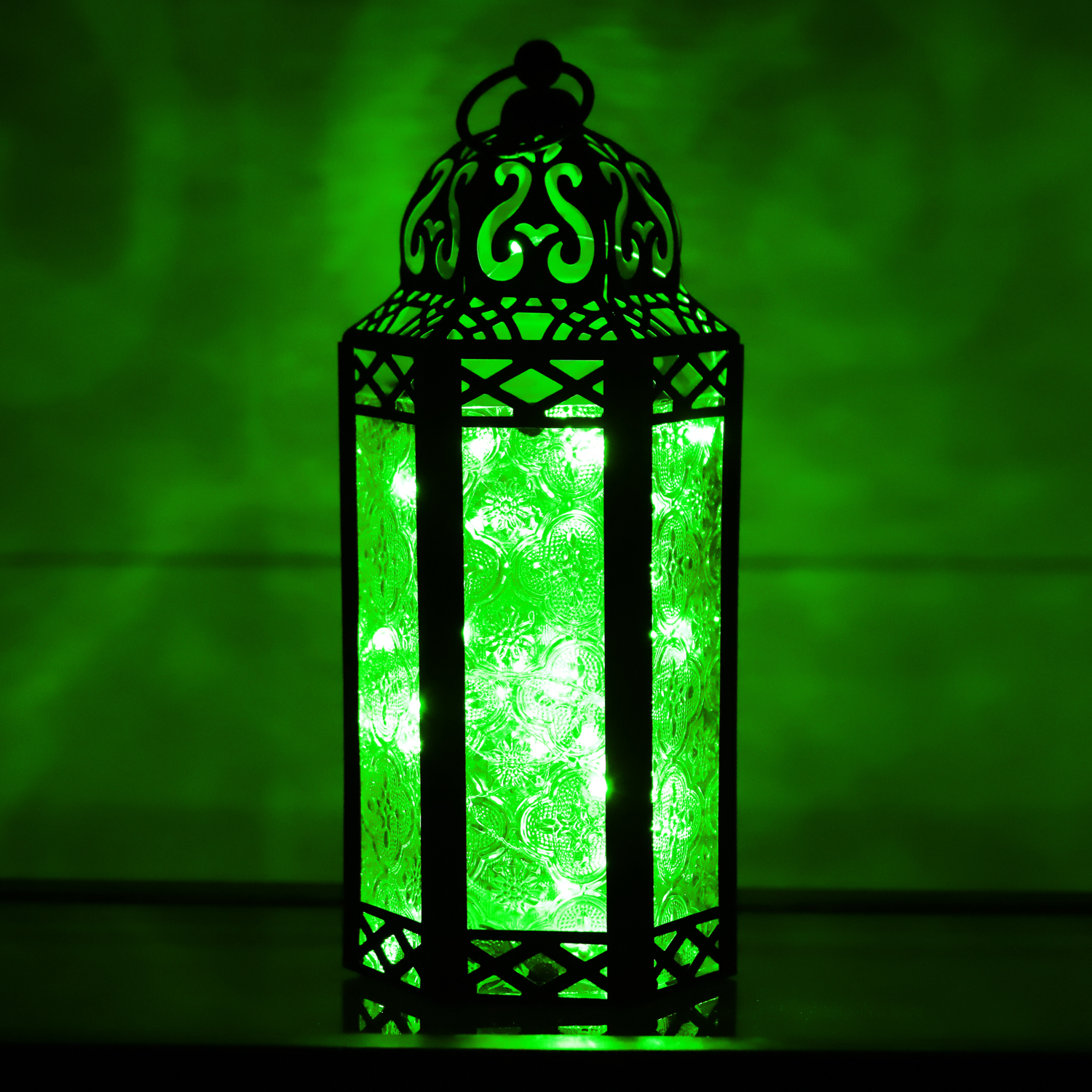 thumbnail video image 2 of Moroccan Metal Candle Lantern Holder with LED Fairy String Lights, Medium, Green, 2 of 14