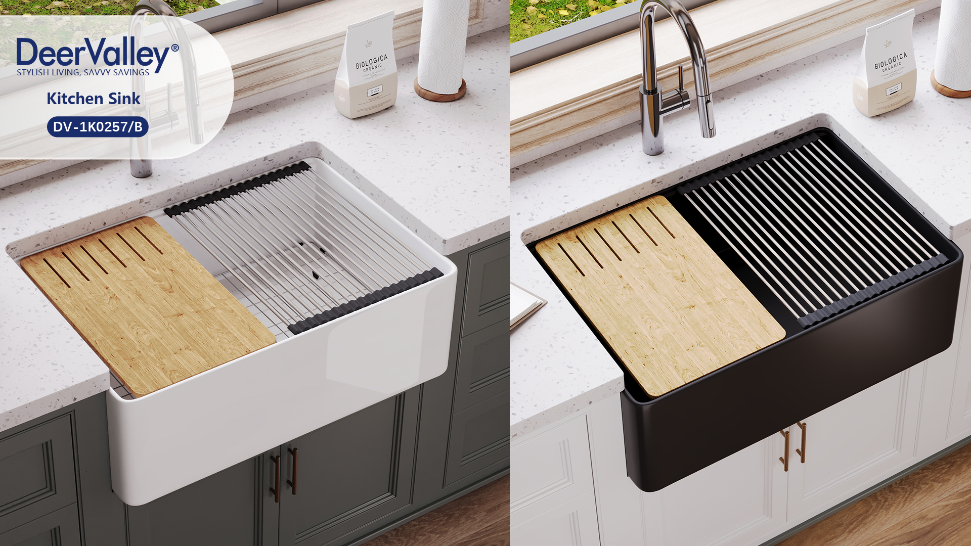 thumbnail video image 2 of Harvest White Ceramic 30 in. L x 18 in. W Rectangular Single Bowl Farmhouse Apron Kitchen Sink with Grid and StrainerDV-1K0257, 2 of 13