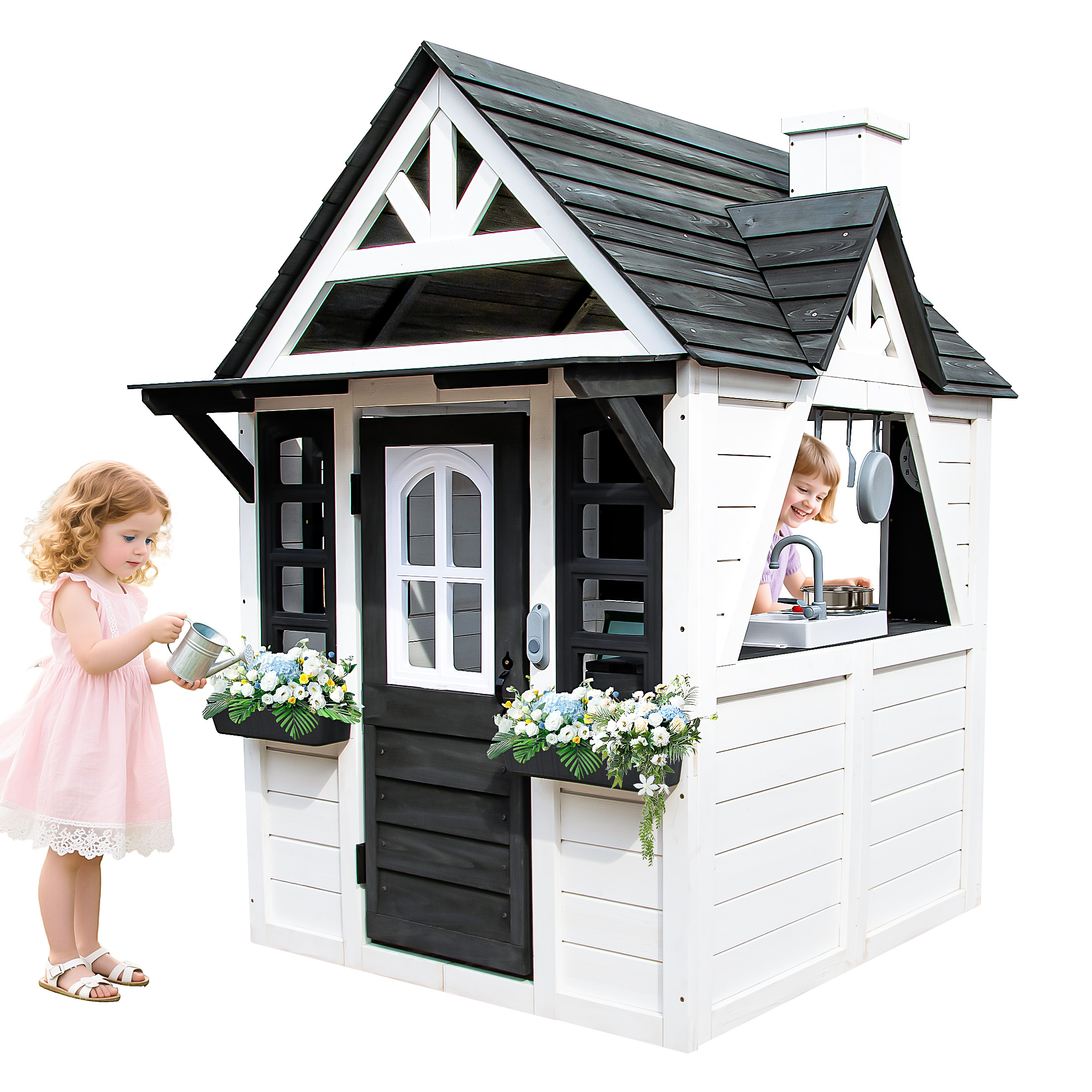 thumbnail video image 2 of iRerts Outdoor Playhouse, Wooden Playhouse for Kids Play House with Front Door, Flower Pot Holders, Stove, Sink, Doorbell, Windows, Indoor Outdoor Kids Play Equipment Gift for Ages 2+, Black+White, 2 of 14